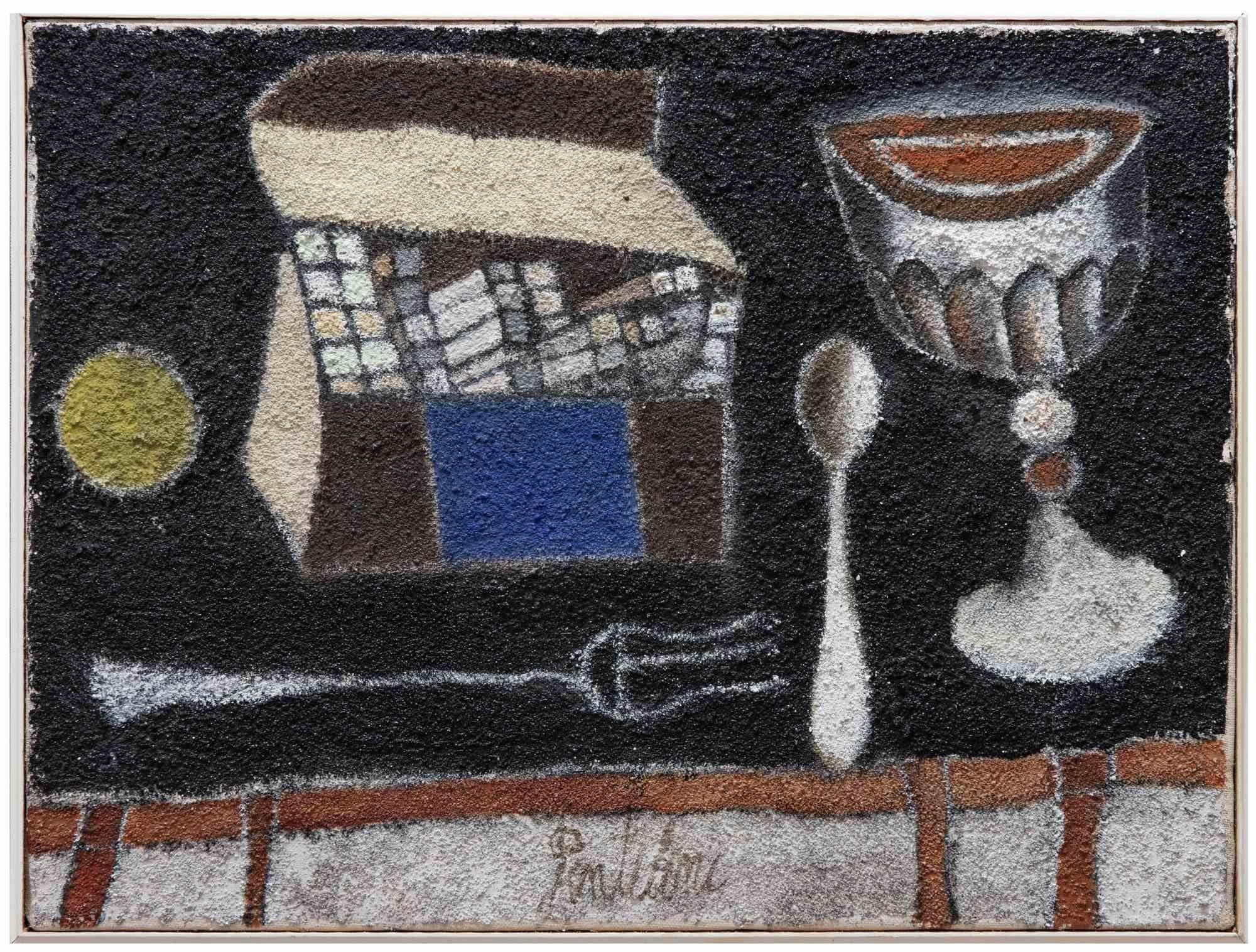 « The Box of Plasters » (La boîte de plâtre) - Huile sur toile de Franco Gentilini - 1958 en vente 1