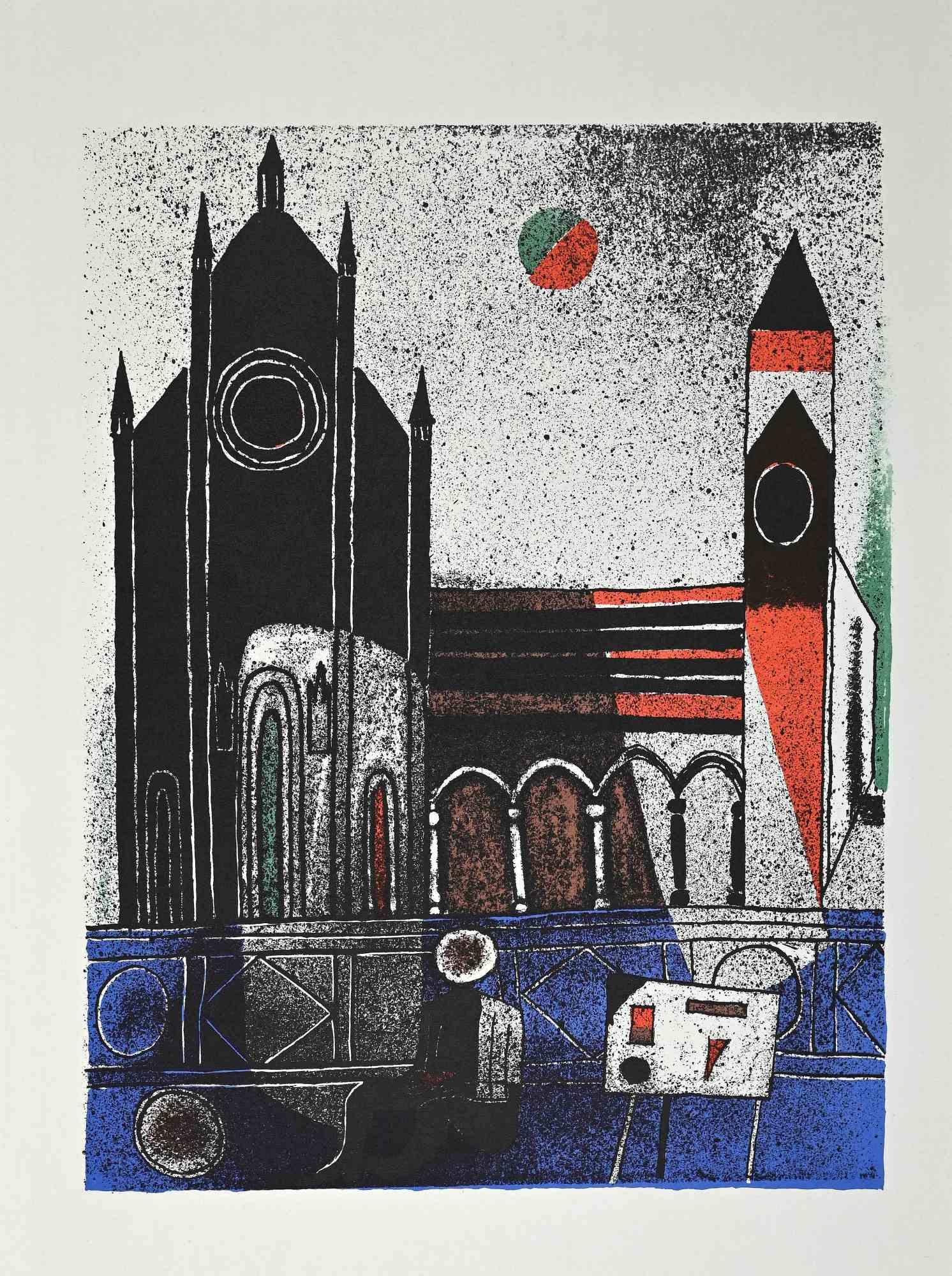The Cathedral is a Vintage Offset Print on ivory-colored paper, realized by  Franco Gentilini (Italian Painter, 1909-1981), in the 1970s.

The state of preservation of the artwork is excellent.

Franco Gentilini (Italian Painter, 1909-1981):