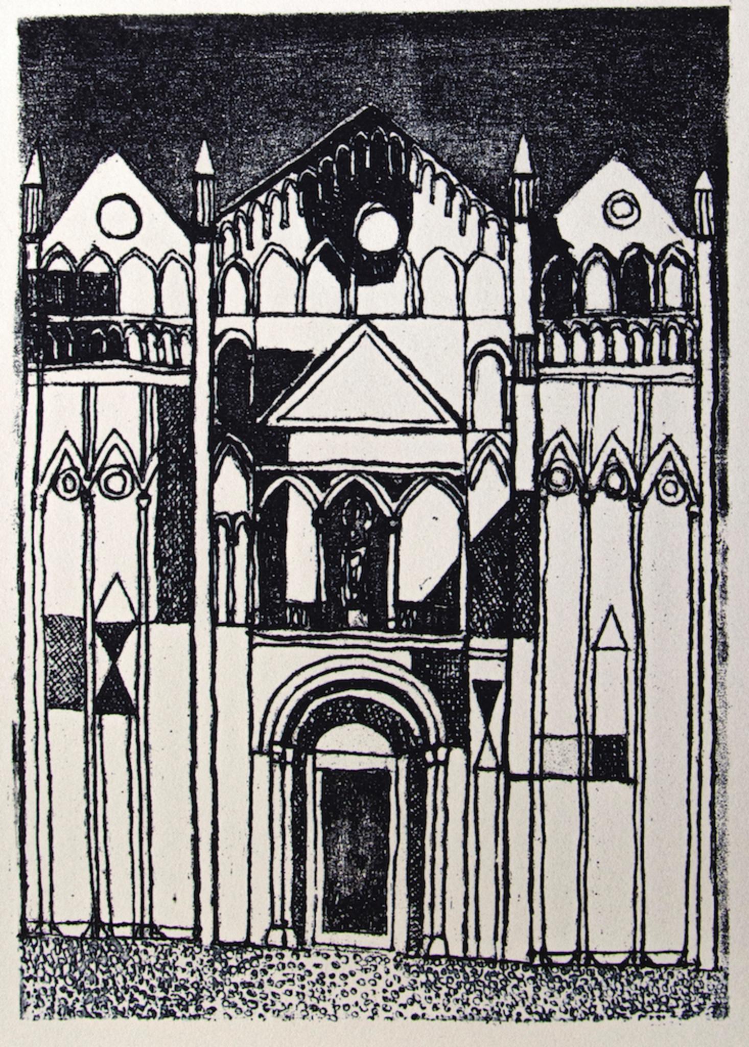 La Cathédrale est une impression offset originale sur papier couleur ivoire, réalisée par Franco Gentilini (peintre italien, 1909-1981), dans les années 1970.

L'état de conservation des œuvres d'art est excellent.
Dimensions de l'image： 24,5 x 17,5