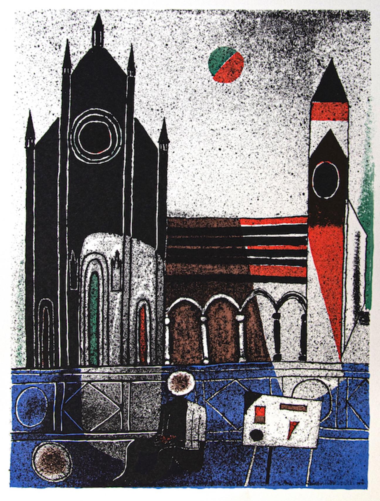 La Cathédrale est une impression offset vintage sur papier de couleur ivoire, réalisée par Franco Gentilini (peintre italien, 1909-1981), dans les années 1970.

L'état de conservation des œuvres d'art est excellent.

Franco Gentilini (peintre