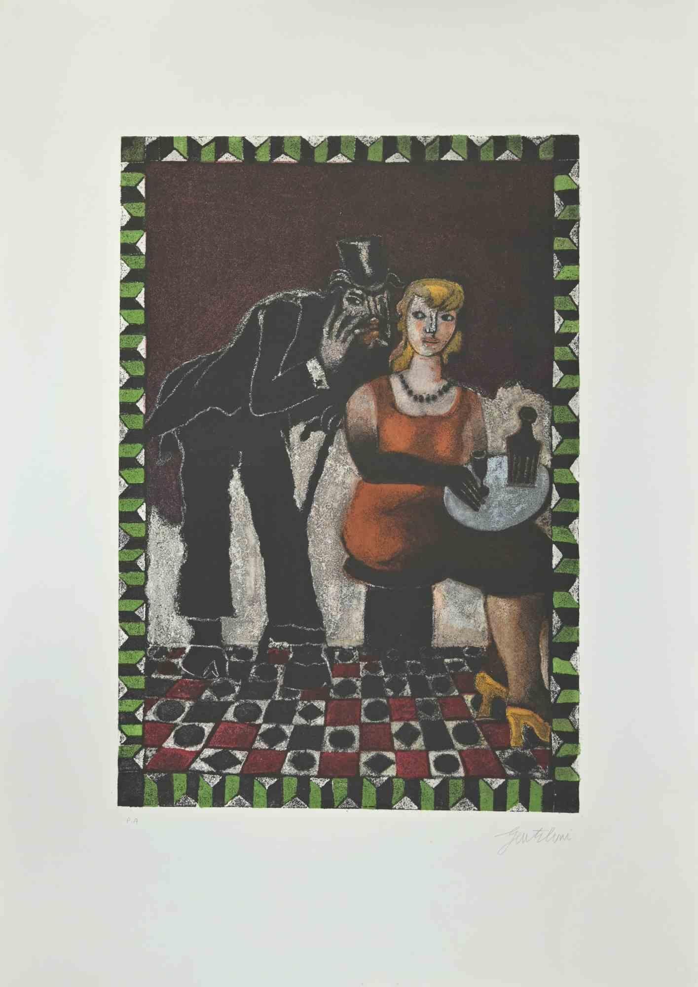 Der Teufel ist eine Radierung und Aquatinta von Franco Gentilini (italienischer Maler, 1909-1981) aus den 1970er Jahren.

Aus der Serie "Die Tarots" Trockenstempel von Il Cigno Stamperia d'Arte. 

Handsigniert mit Bleistift auf der unteren