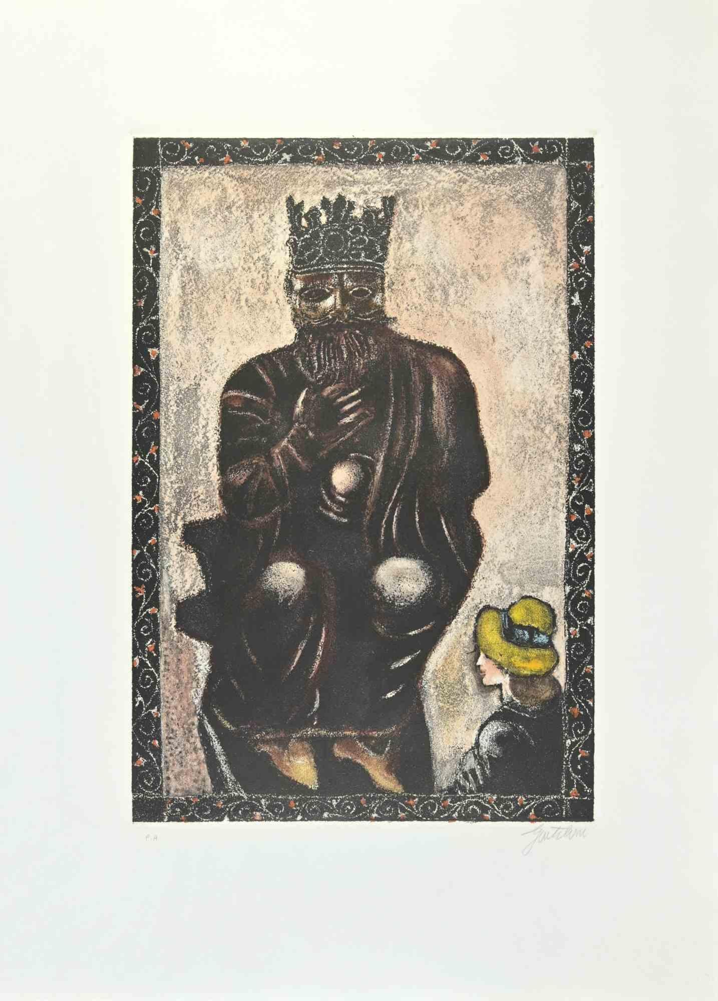 Der Kaiser ist eine Radierung und Aquatinta von Franco Gentilini (italienischer Maler, 1909-1981) aus den 1970er Jahren.

Aus der Serie "Die Tarots" Trockenstempel von Il Cigno Stamperia d'Arte. 

Handsigniert mit Bleistift auf der unteren