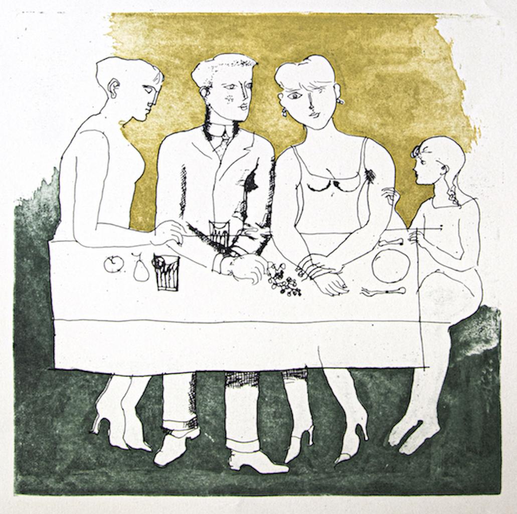 La Familia es un original Vintage Offset Print sobre papel color marfil, realizado por Franco Gentilini (Pintor italiano, 1909-1981), en la década de 1970.

El estado de conservación de las obras de arte es excelente.

Dimensiones de la imagen：26x
