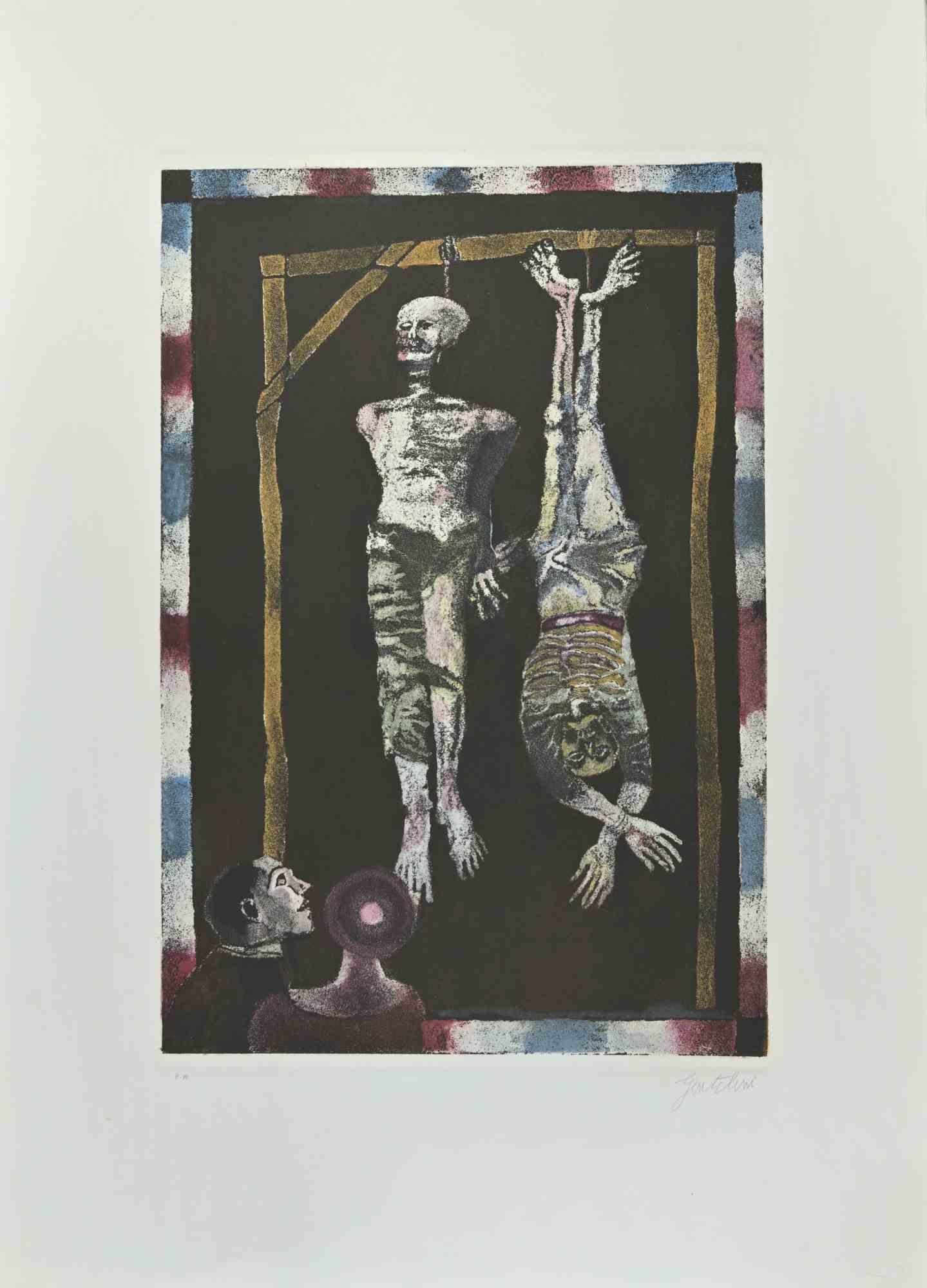 Der Gehängte ist eine Radierung und Aquatinta von Franco Gentilini (italienischer Maler, 1909-1981) aus den 1970er Jahren.

Aus der Serie "Die Tarots" Trockenstempel von Il Cigno Stamperia d'Arte. 

Handsigniert mit Bleistift auf der unteren