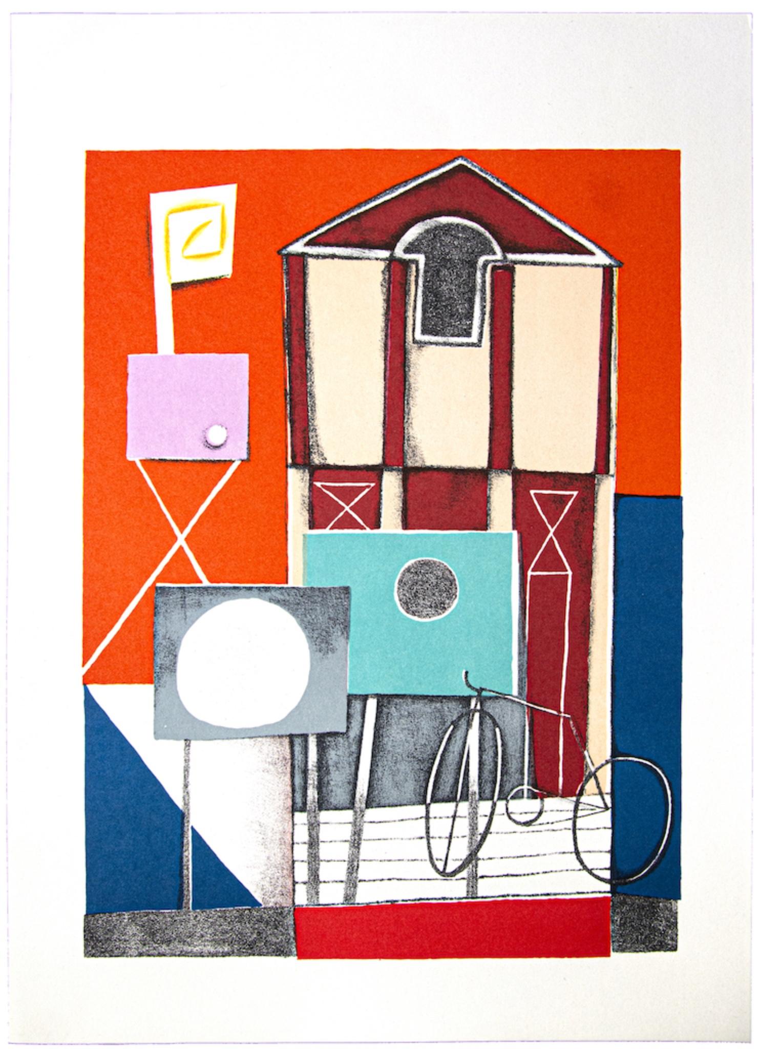 The House and Bicycle is an original Vintage Offset Print on ivory-colored paper, realized by Franco Gentilini (Italian Painter, 1909-1981), in 1970s.

The state of preservation of the artwork is excellent.

Franco Gentilini (Italian Painter,