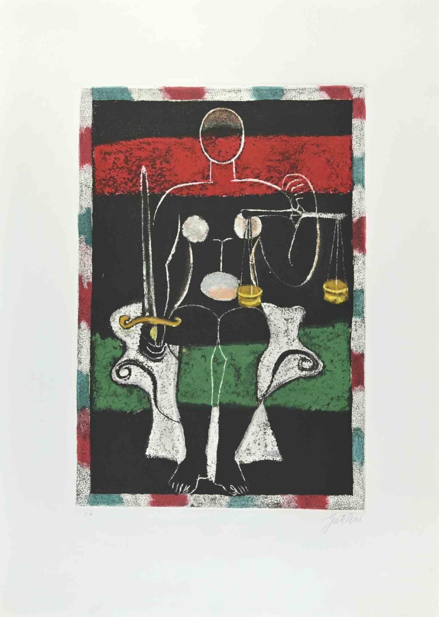 Die Gerechtigkeit ist eine Radierung und Aquatinta von Franco Gentilini (italienischer Maler, 1909-1981) aus den 1970er Jahren.

Aus der Serie "Die Tarots" Trockenstempel von Il Cigno Stamperia d'Arte. 

Handsigniert mit Bleistift auf der unteren