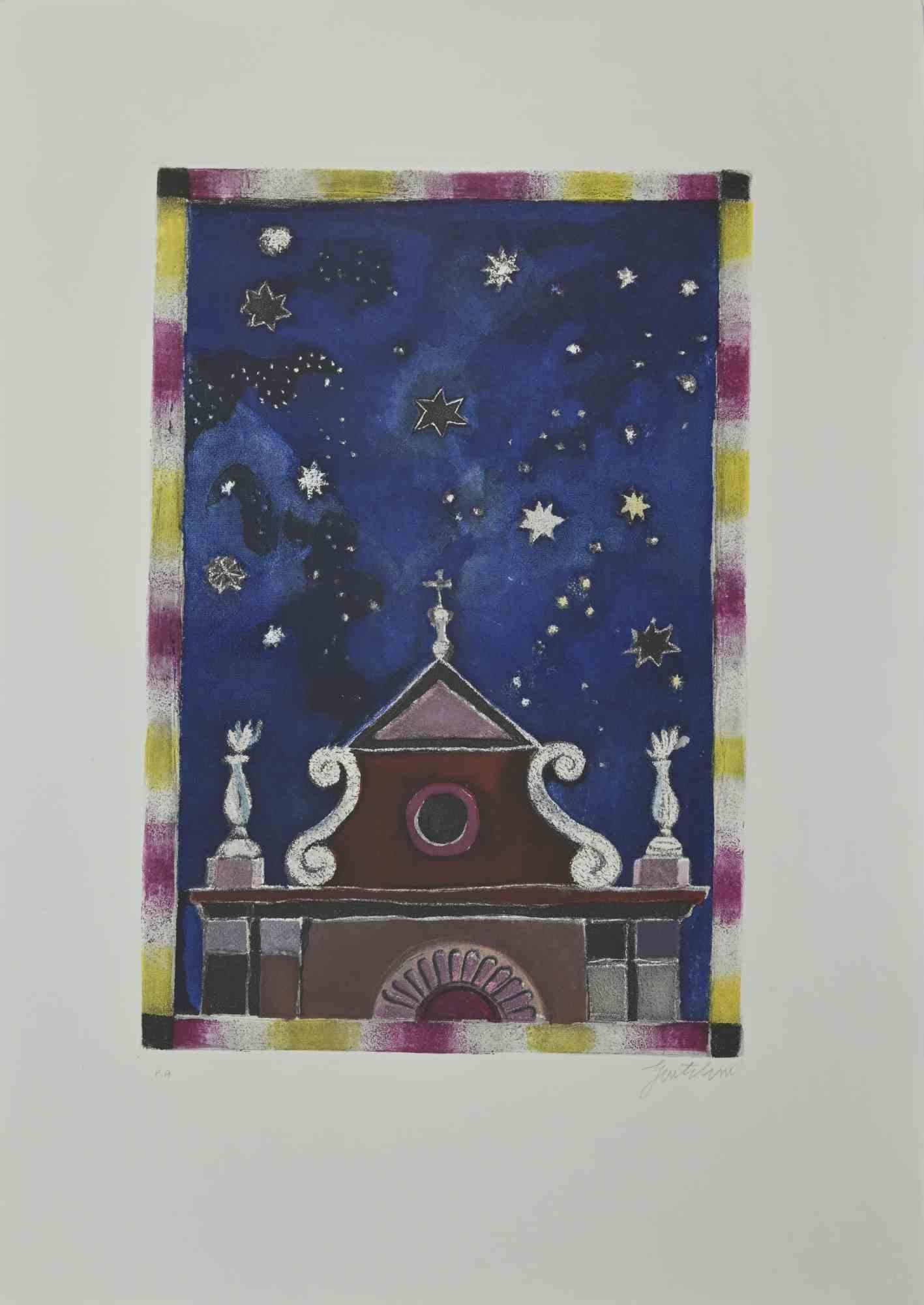 Les Étoiles est une eau-forte et une aquatinte réalisées par Franco Gentilini (peintre italien, 1909-1981) dans les années 1970.

De la série "Les Tarots" Timbre à sec de Il Cigno Stamperia d'Arte. 

Signé à la main au crayon sur la partie