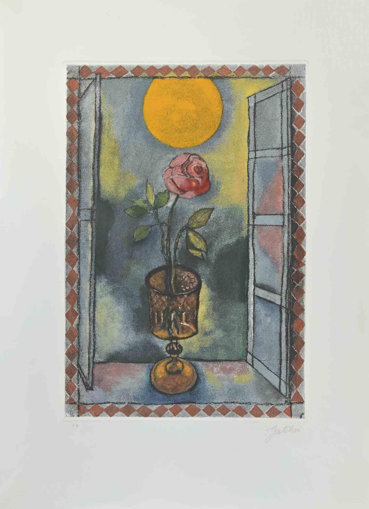 Die Sonne ist eine Radierung und Aquatinta von Franco Gentilini (italienischer Maler, 1909-1981) aus den 1970er Jahren.

Aus der Serie "Die Tarots" Trockenstempel von Il Cigno Stamperia d'Arte. 

Handsigniert mit Bleistift auf der unteren