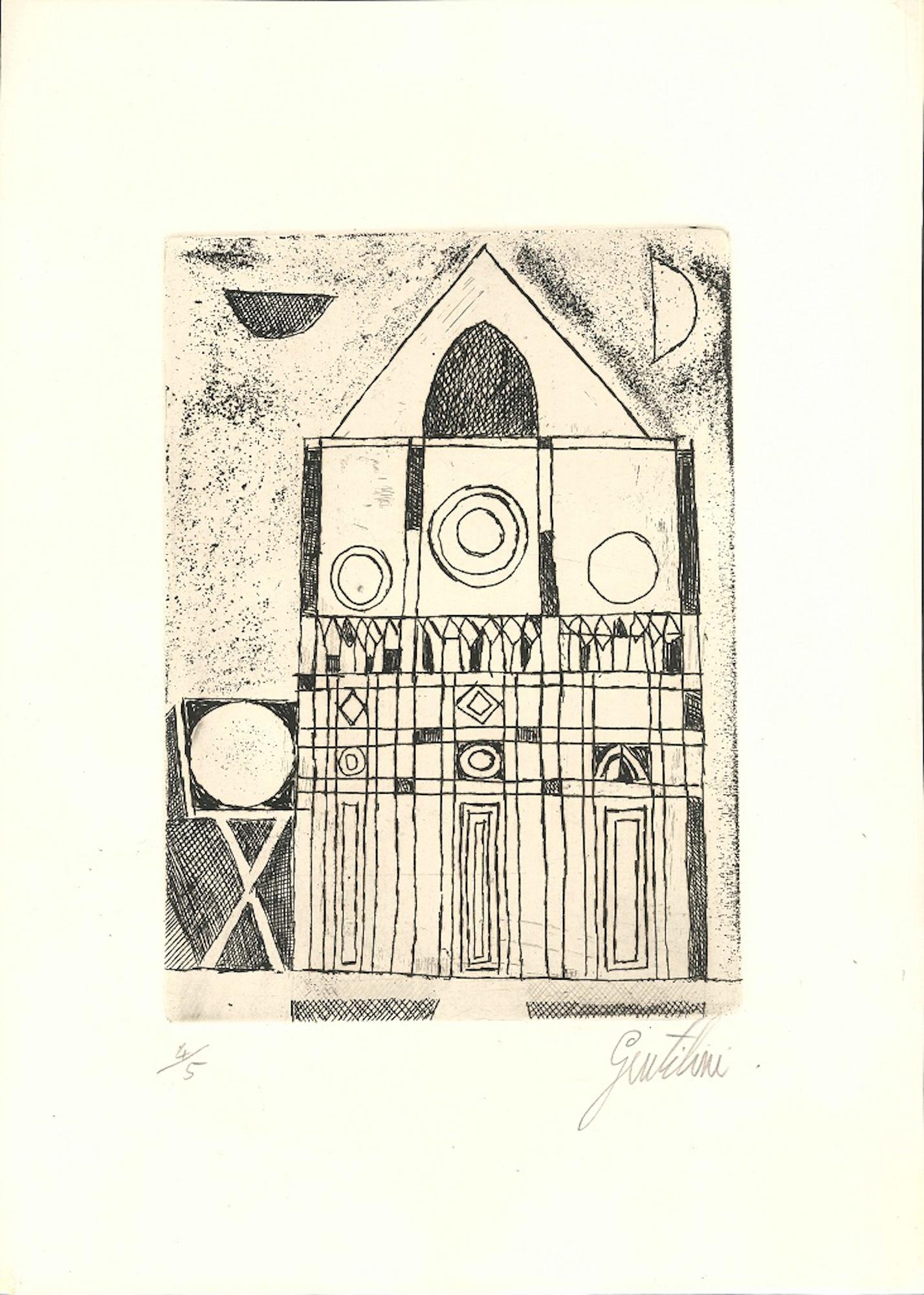 Image dimensions: 21 x 15 cm.

Beautiful Etching and Drypoint on ivory colored paper, representing a Church in a naïve style. Hand-numbered and hand-signed with pencil on lower margin by the Italian artist, Franco Gentilini. Edition of 5 prints. In