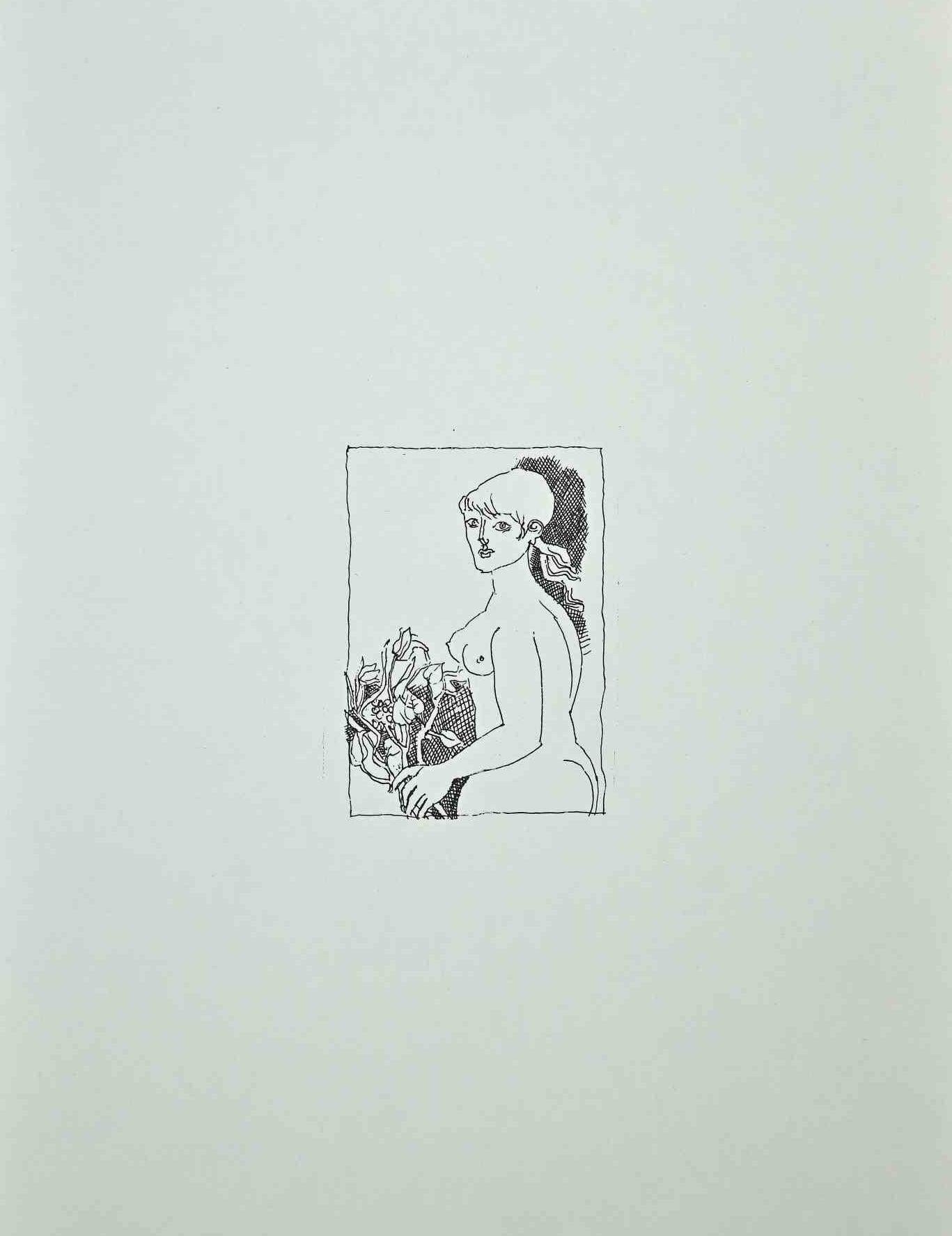 Woman with Flowers - Offset by Franco Gentilini - 1970s