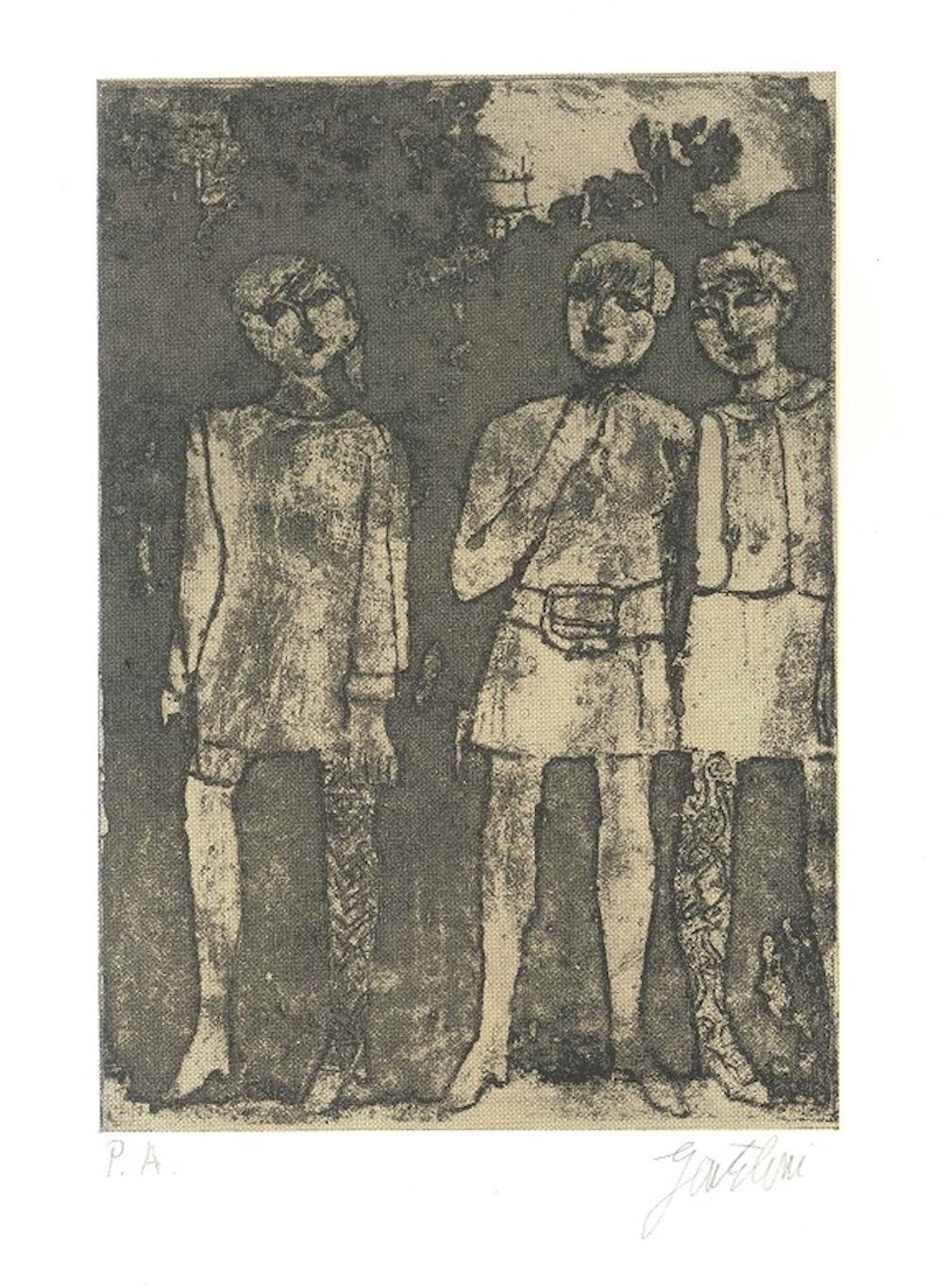 Dimensiones de la imagen: 21x15 cm.

Preciosa Litografía coloreada sobre papel de filigrana color marfil, que representa a tres mujeres conversando.

Prueba de artista firmada a mano con lápiz en la parte inferior derecha por el artista italiano