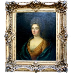 Antique Franco-German 19th Century Oil on Canvas "Portrait of a Lady" in Giltwood Frame