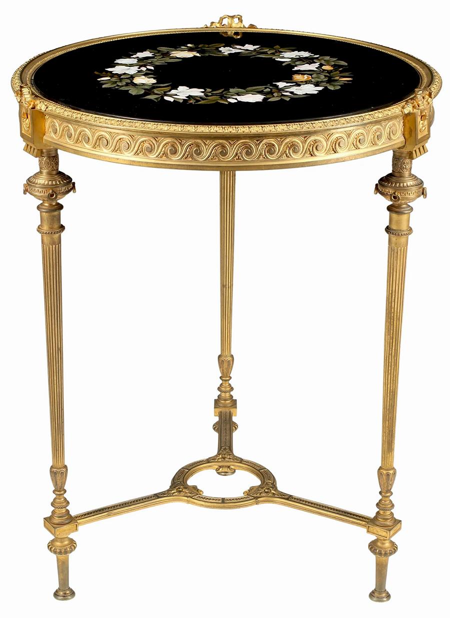Inlay Franco-Italian 19th Century Neoclassical Style Gilt-Bronze & Pietra Dura Table For Sale