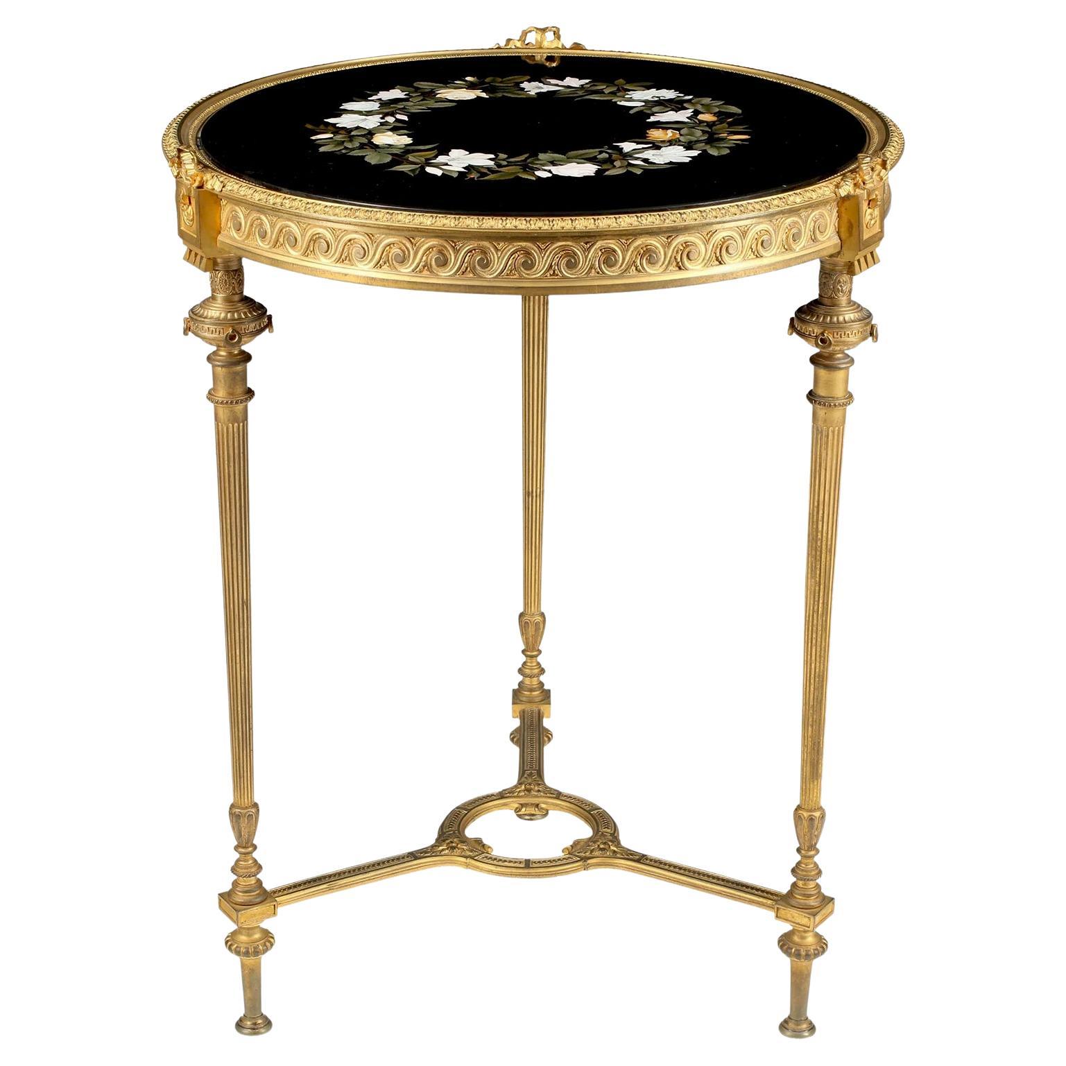 Franco-Italian 19th Century Neoclassical Style Gilt-Bronze & Pietra Dura Table For Sale