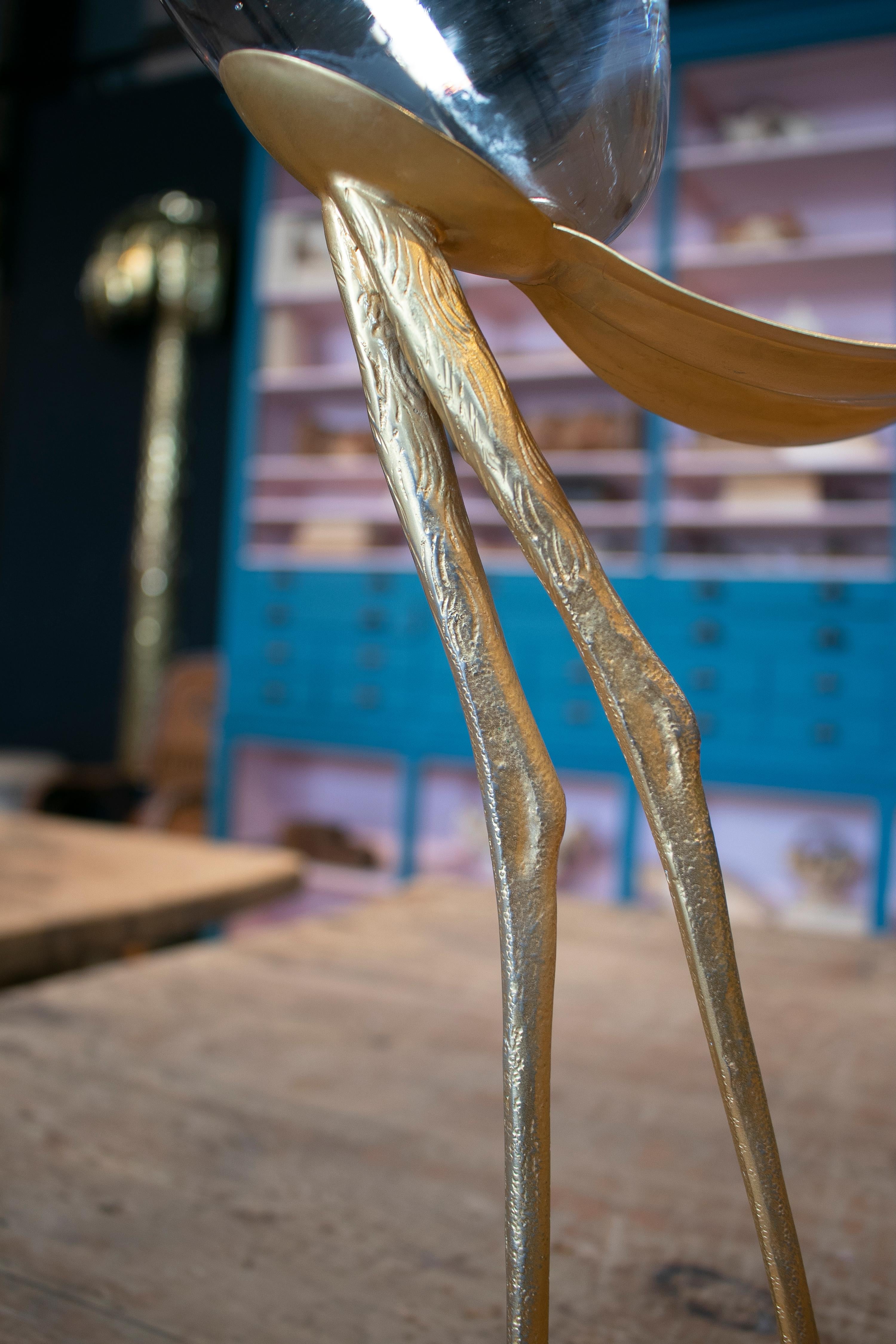 Franco Lagini 1970s Italian Pair of Gold Gilt Brass & Crystal Crane Sculptures 3