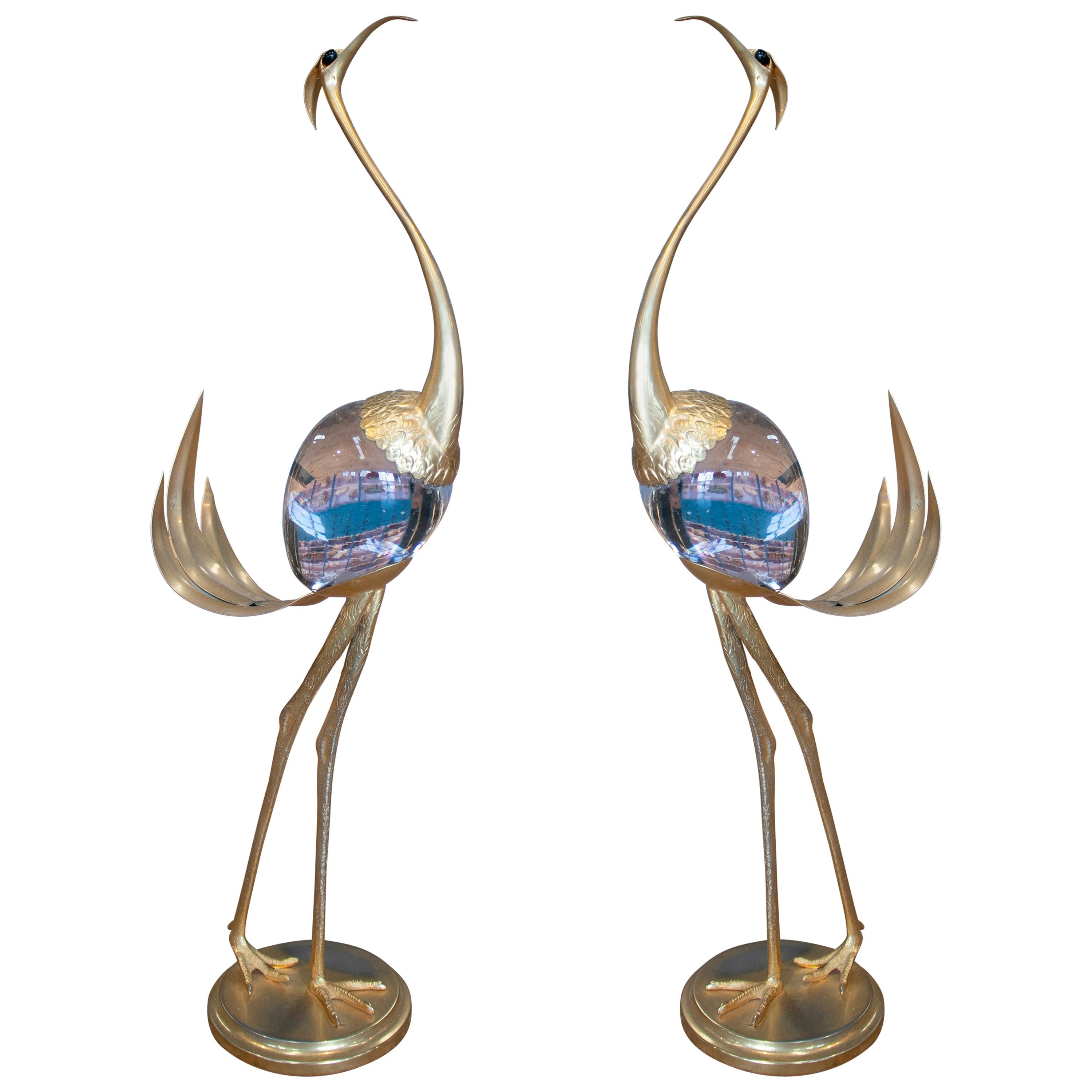 Franco Lagini 1970s Italian Pair of Gold Gilt Brass & Crystal Crane Sculptures