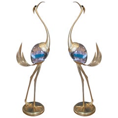 Franco Lagini 1970s Italian Pair of Gold Gilt Brass & Crystal Crane Sculptures