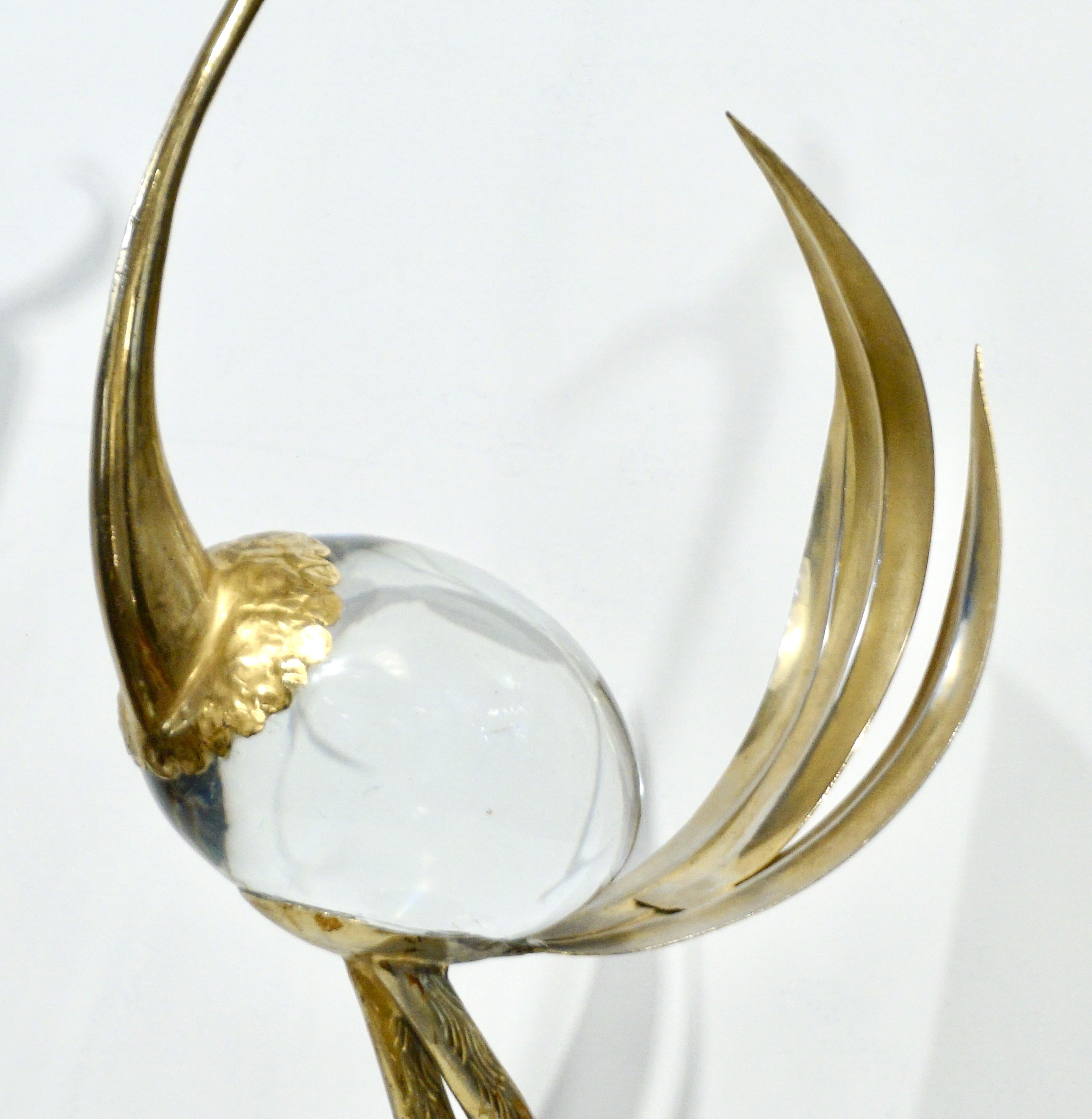 Franco Lagini 1970s Italian Vintage Pair of Crystal Gold Brass Crane Sculptures 3