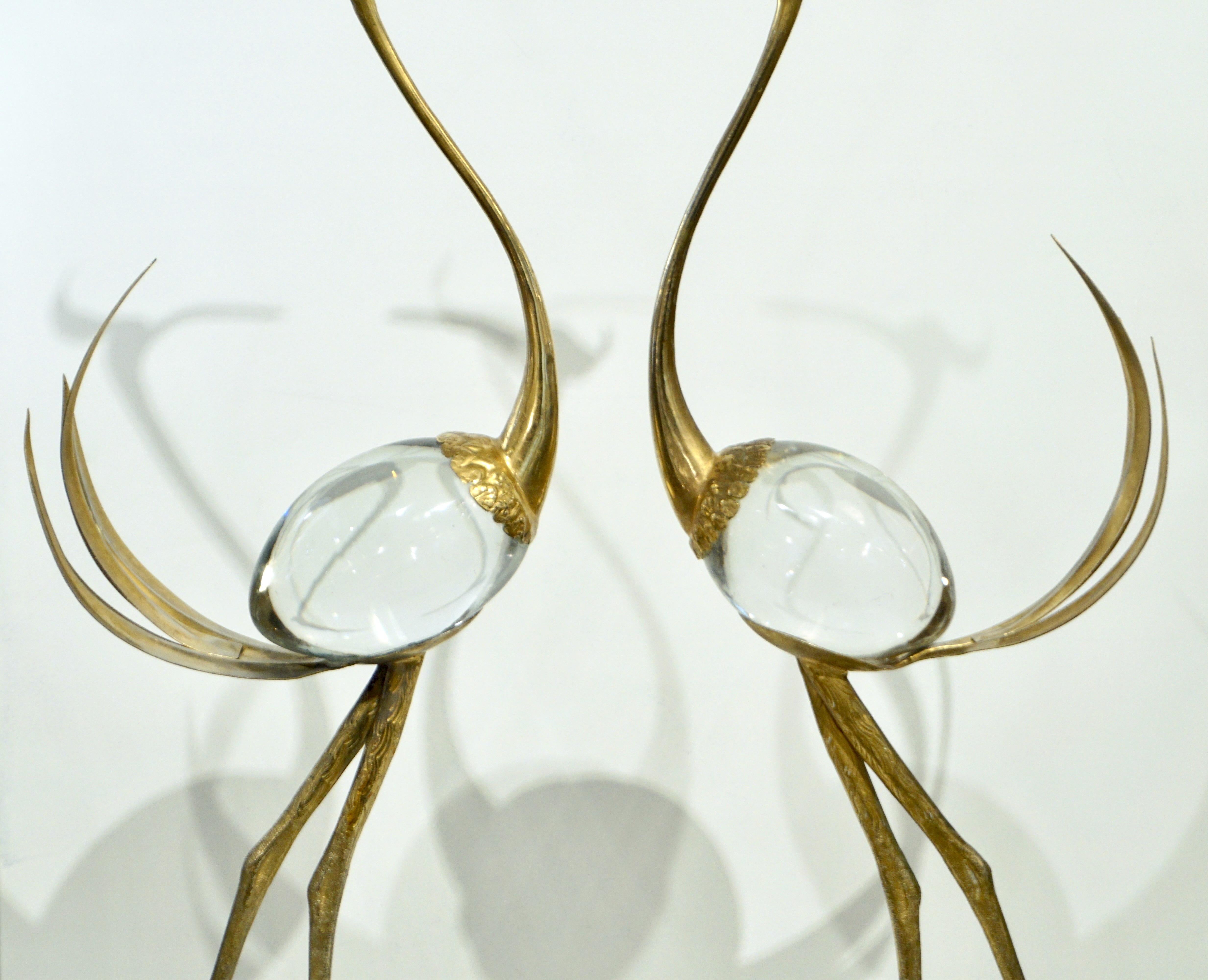 Franco Lagini 1970s Italian Vintage Pair of Crystal Gold Brass Crane Sculptures 4