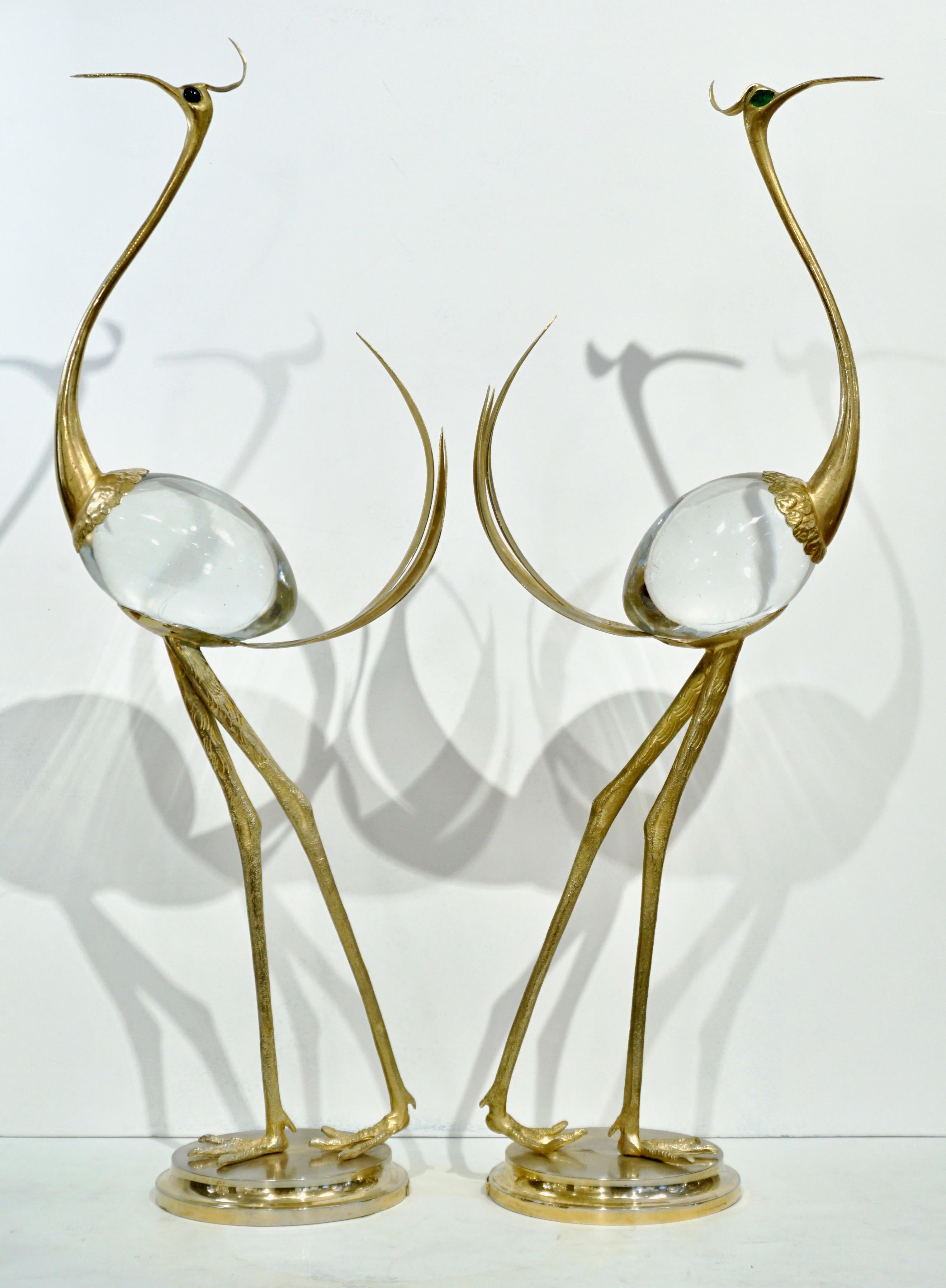 Franco Lagini 1970s Italian Vintage Pair of Crystal Gold Brass Crane Sculptures 5