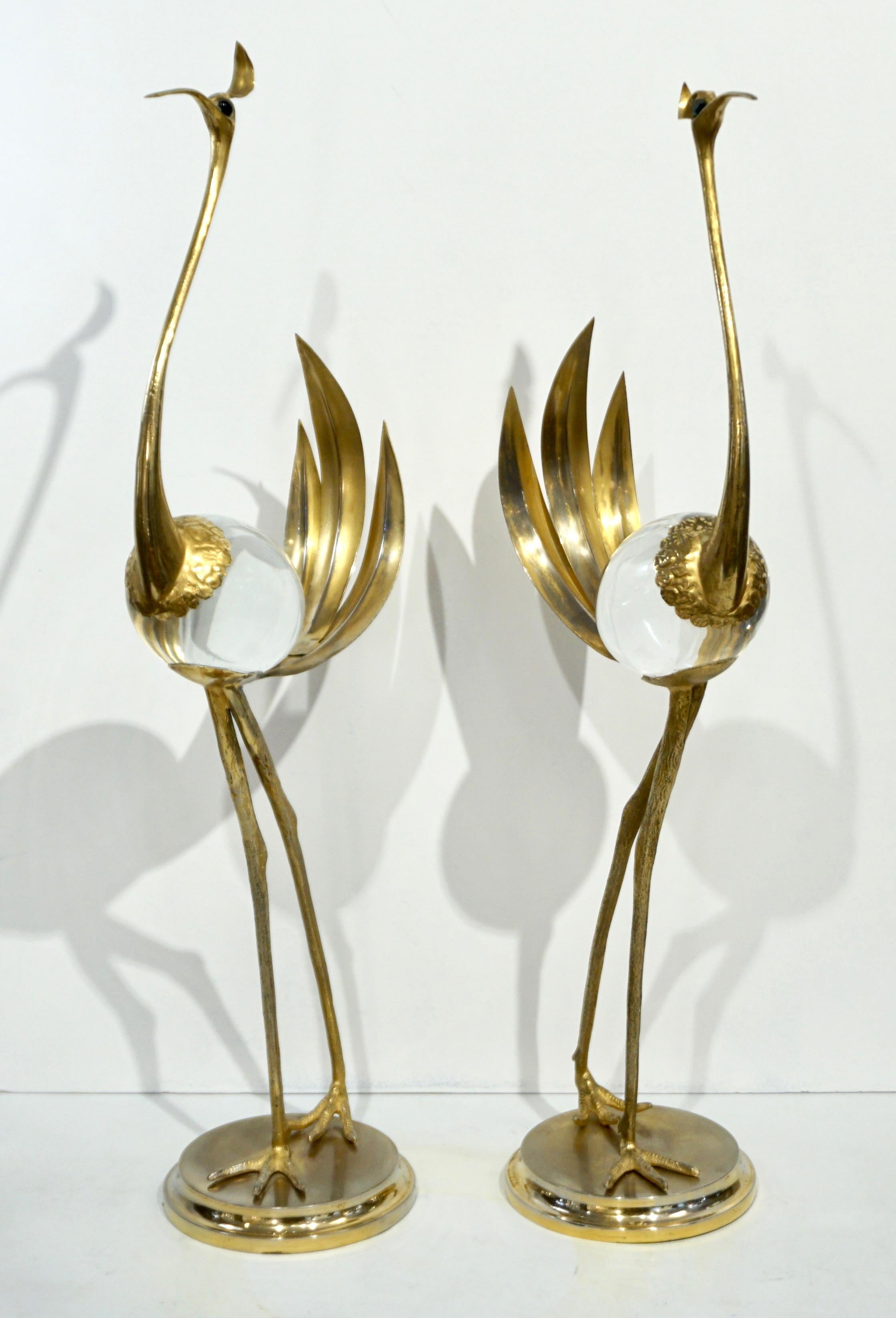 Franco Lagini 1970s Italian Vintage Pair of Crystal Gold Brass Crane Sculptures 6