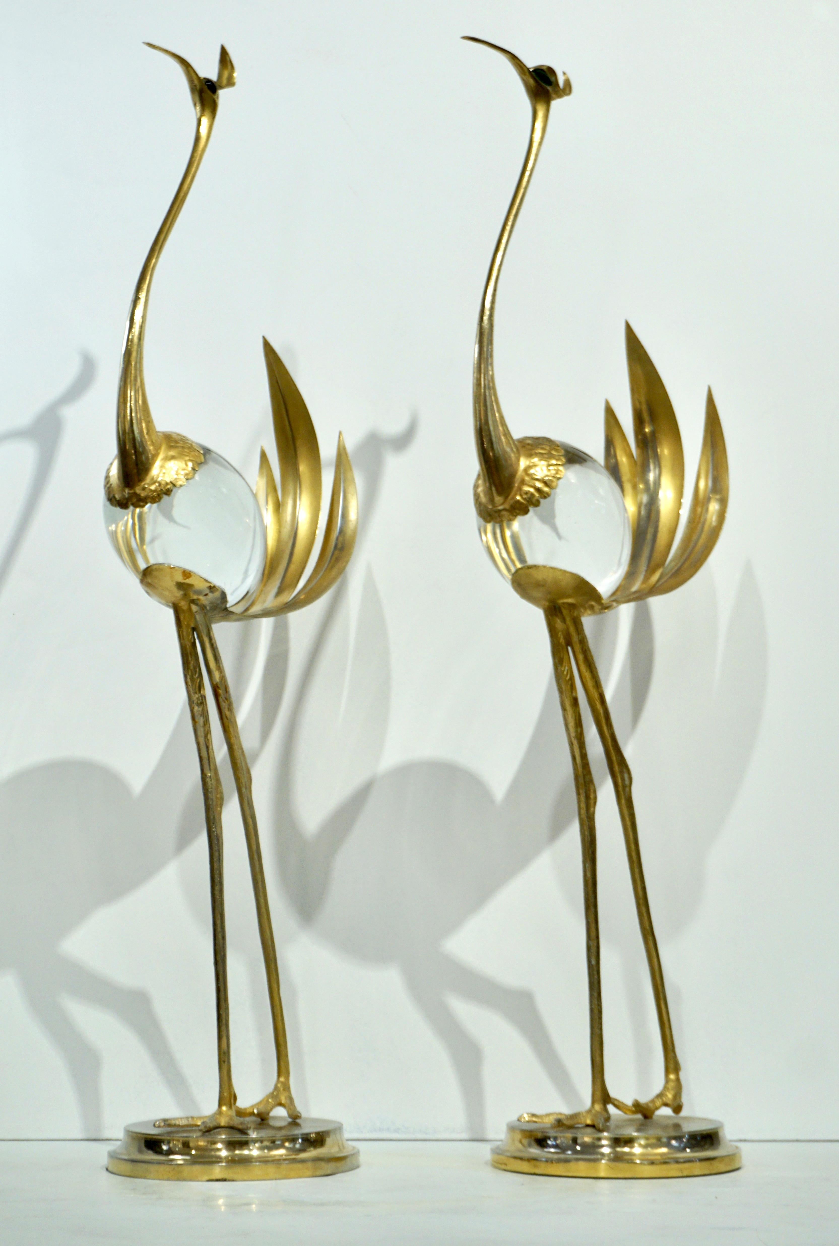 Franco Lagini 1970s Italian Vintage Pair of Crystal Gold Brass Crane Sculptures 7