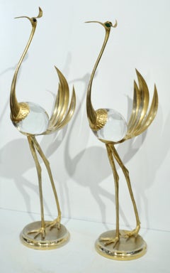 Franco Lagini 1970s Italian Vintage Pareja de Esculturas Grulla de Cristal Latón Dorado