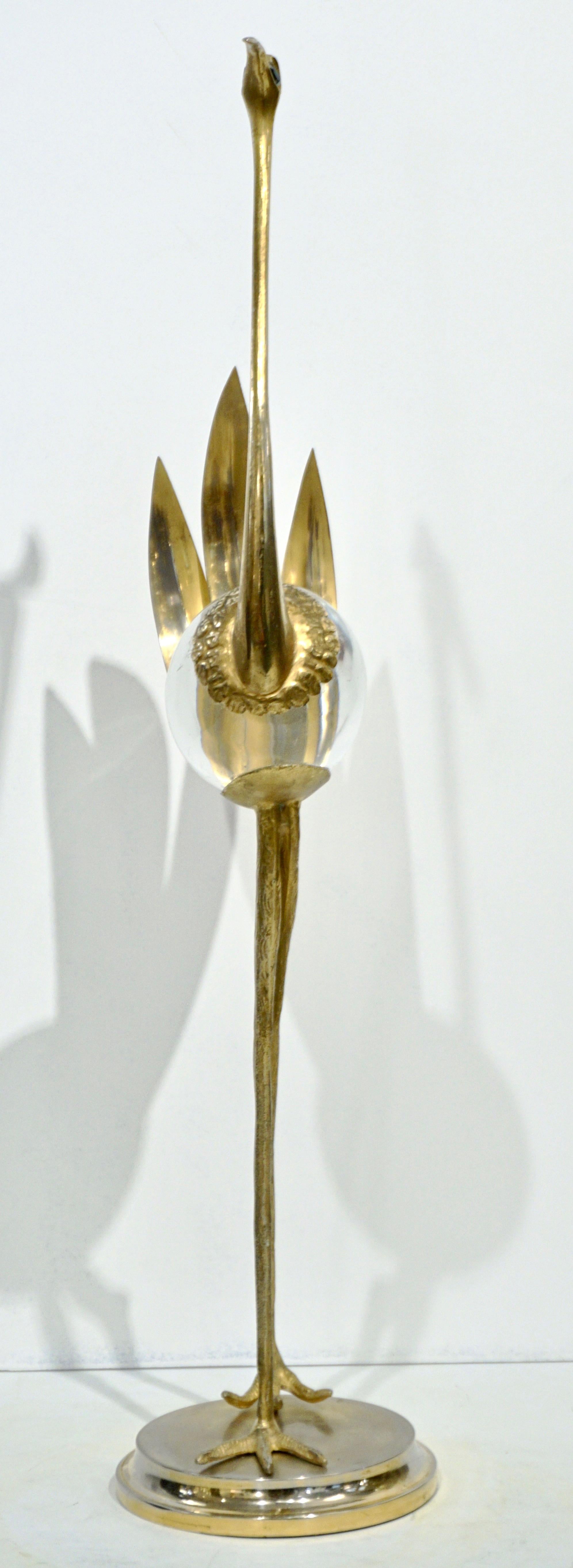 Franco Lagini 1970s Italian Vintage Pair of Crystal Gold Brass Crane Sculptures In Good Condition In New York, NY