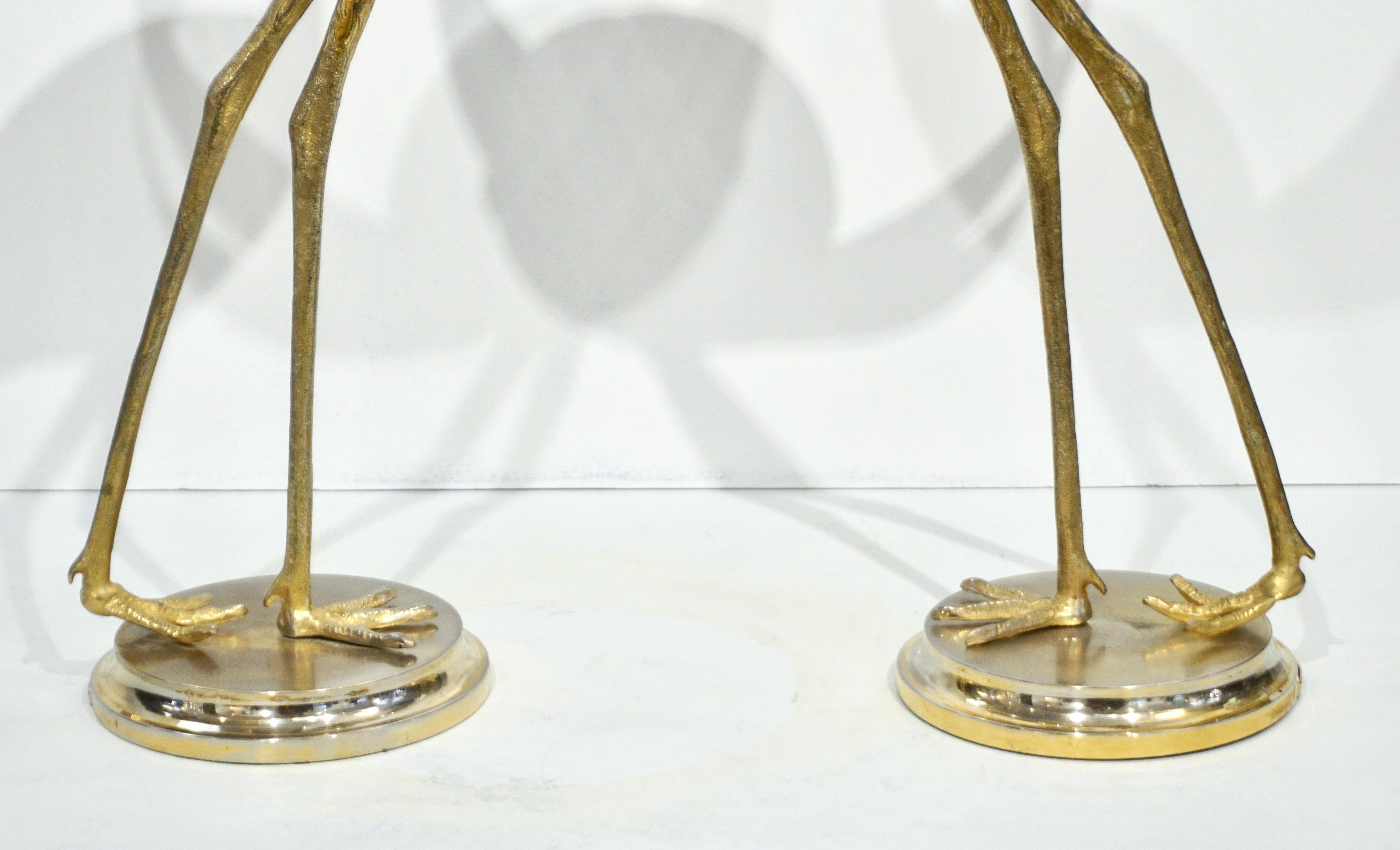 Franco Lagini 1970s Italian Vintage Pair of Crystal Gold Brass Crane Sculptures 1