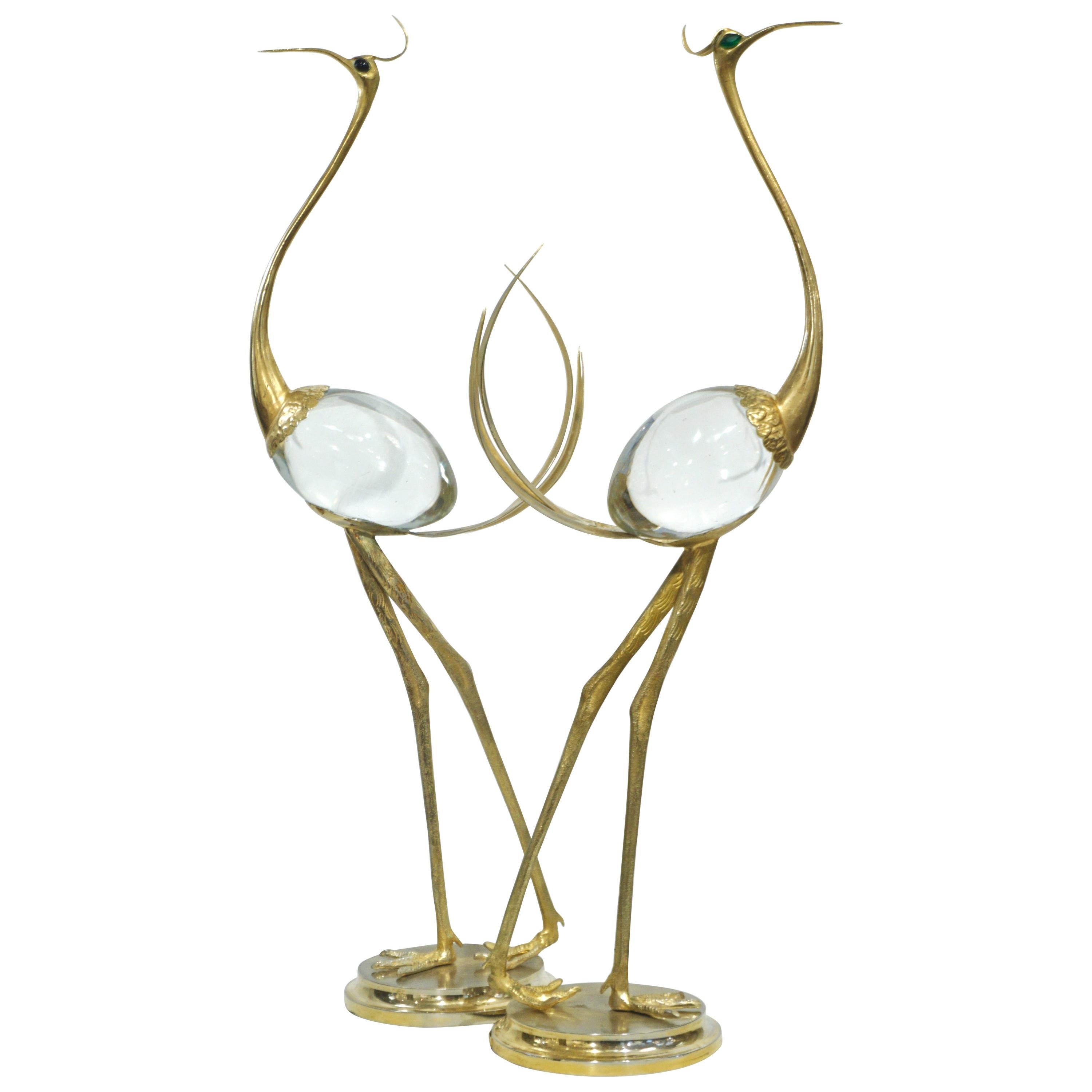 Franco Lagini 1970s Italian Vintage Pair of Crystal Gold Brass Crane Sculptures