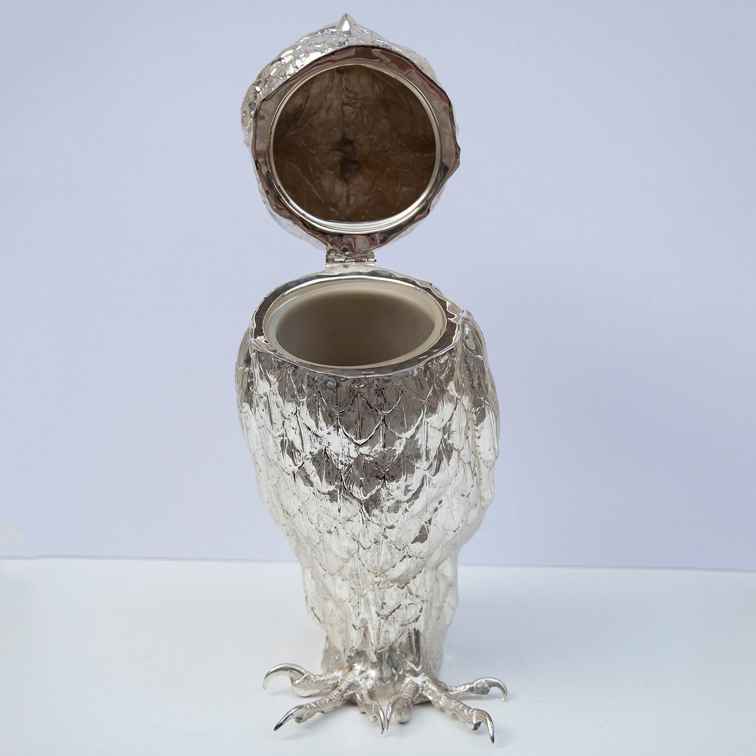 Late 20th Century Franco Lapini Silver Plated Giant Owl Ice Bucket Wine Cooler, Italy, 1980