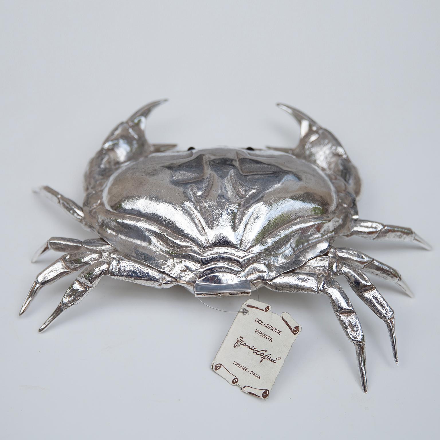 Franco Lapini exquisite crab caviar bowl is made entirely of metal-plated in silver and its surface is lightly textured to give it an organic feel with a blue glass inlay. Either alone or combined with other pieces by the same designer, this object