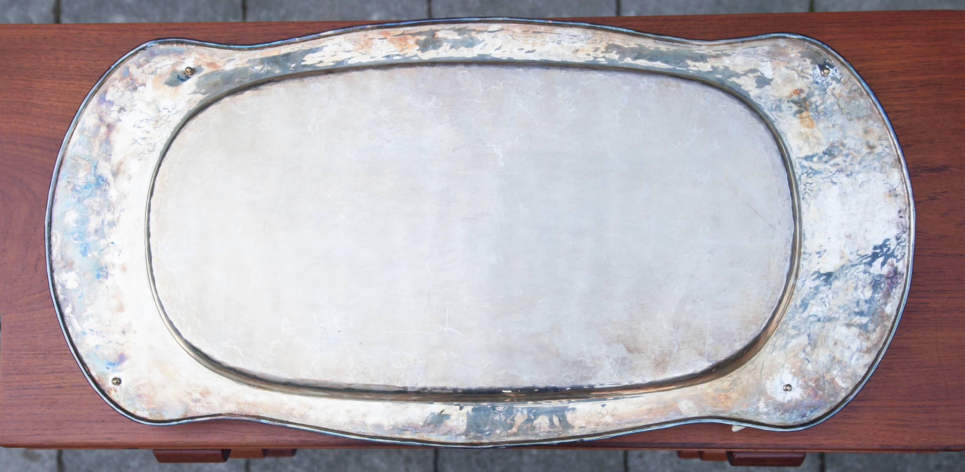 Hollywood Regency Franco Lapini Silver Plated Serving Tray with Fake Ivory Handles, 1980 For Sale