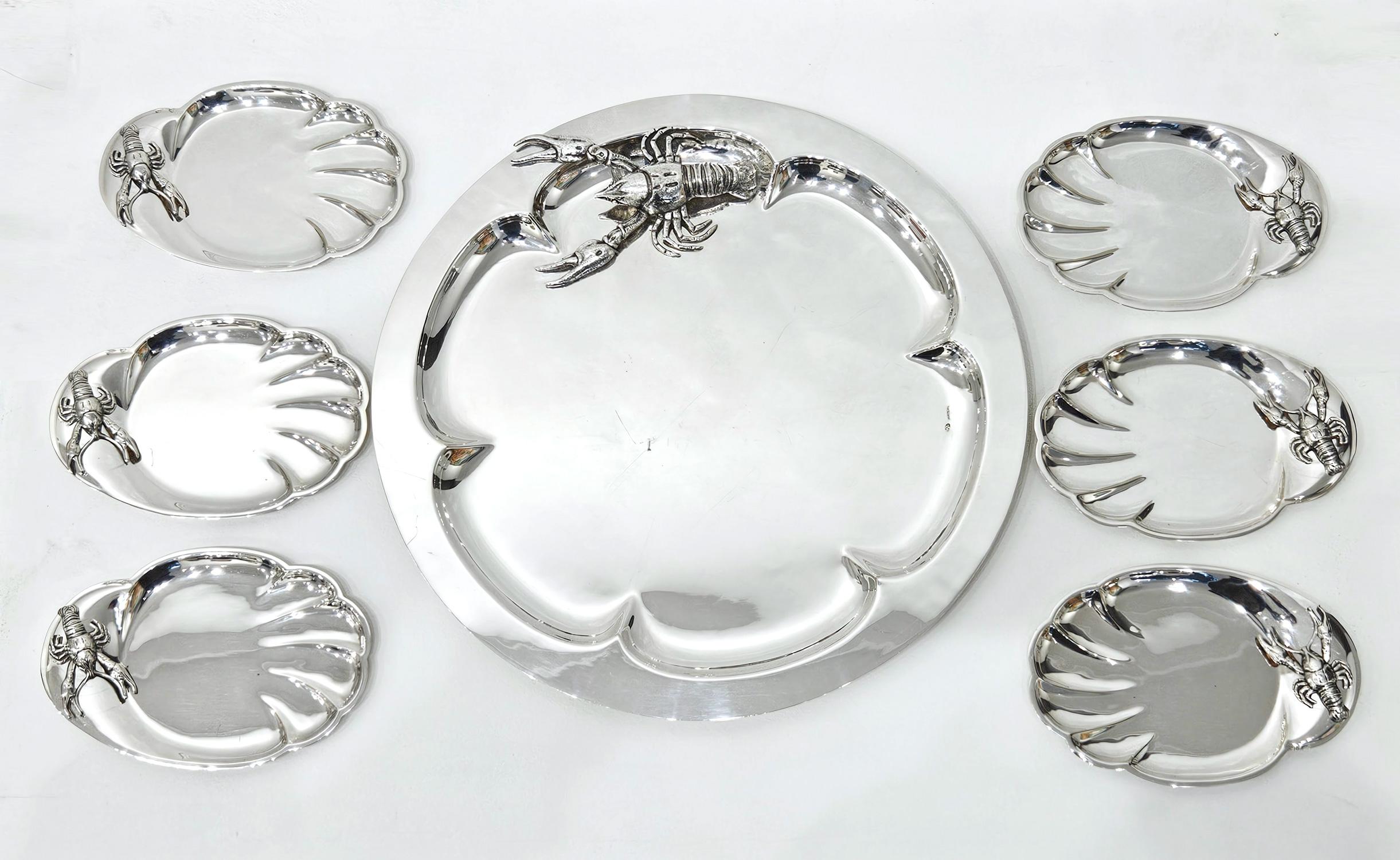 Mediados del siglo Franco Lapini Cangrejo de río Langosta Plato de plata Juego de mariscos c 1960 en venta 5
