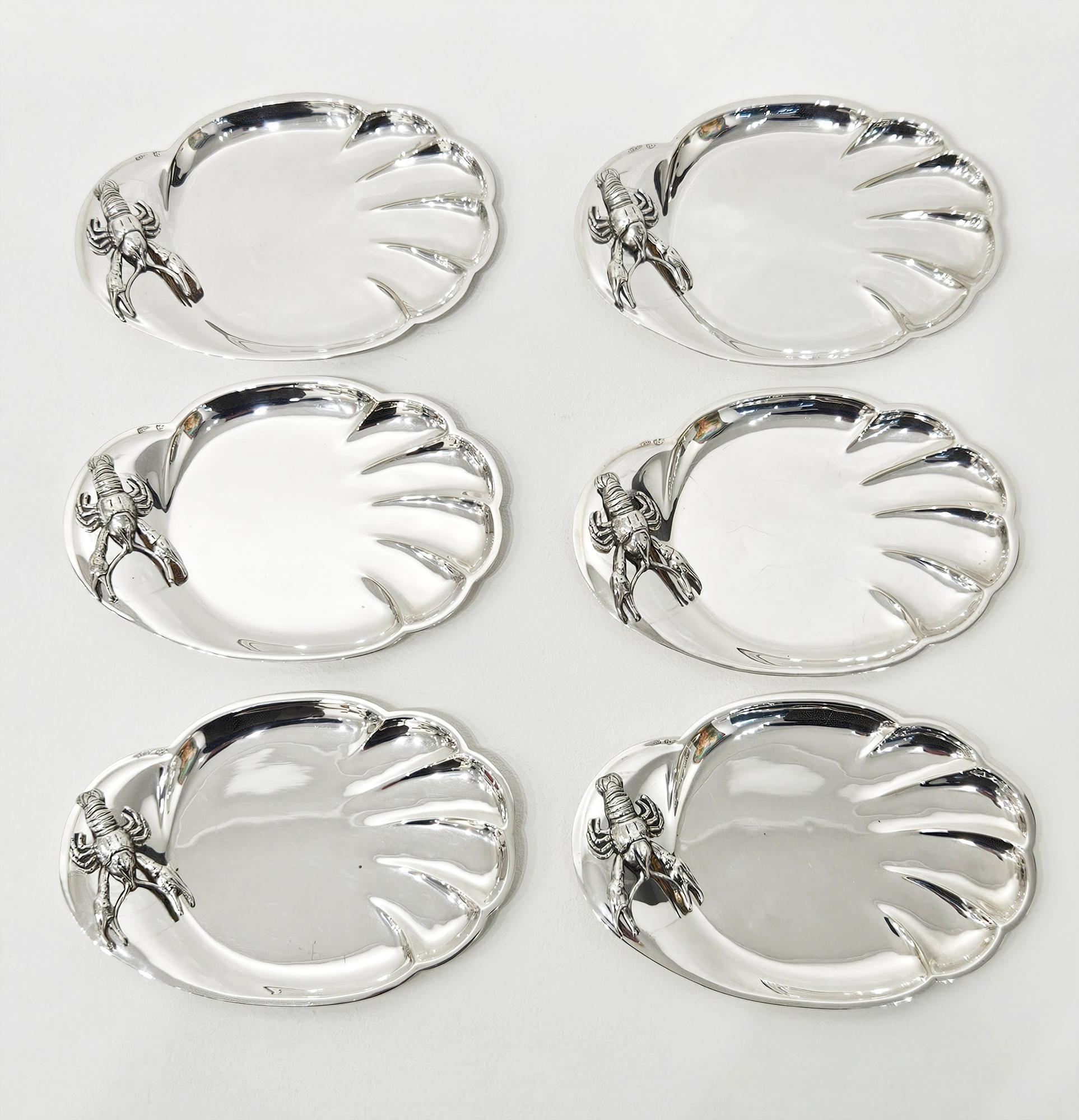 Mediados del siglo Franco Lapini Cangrejo de río Langosta Plato de plata Juego de mariscos c 1960 Chapado en plata en venta