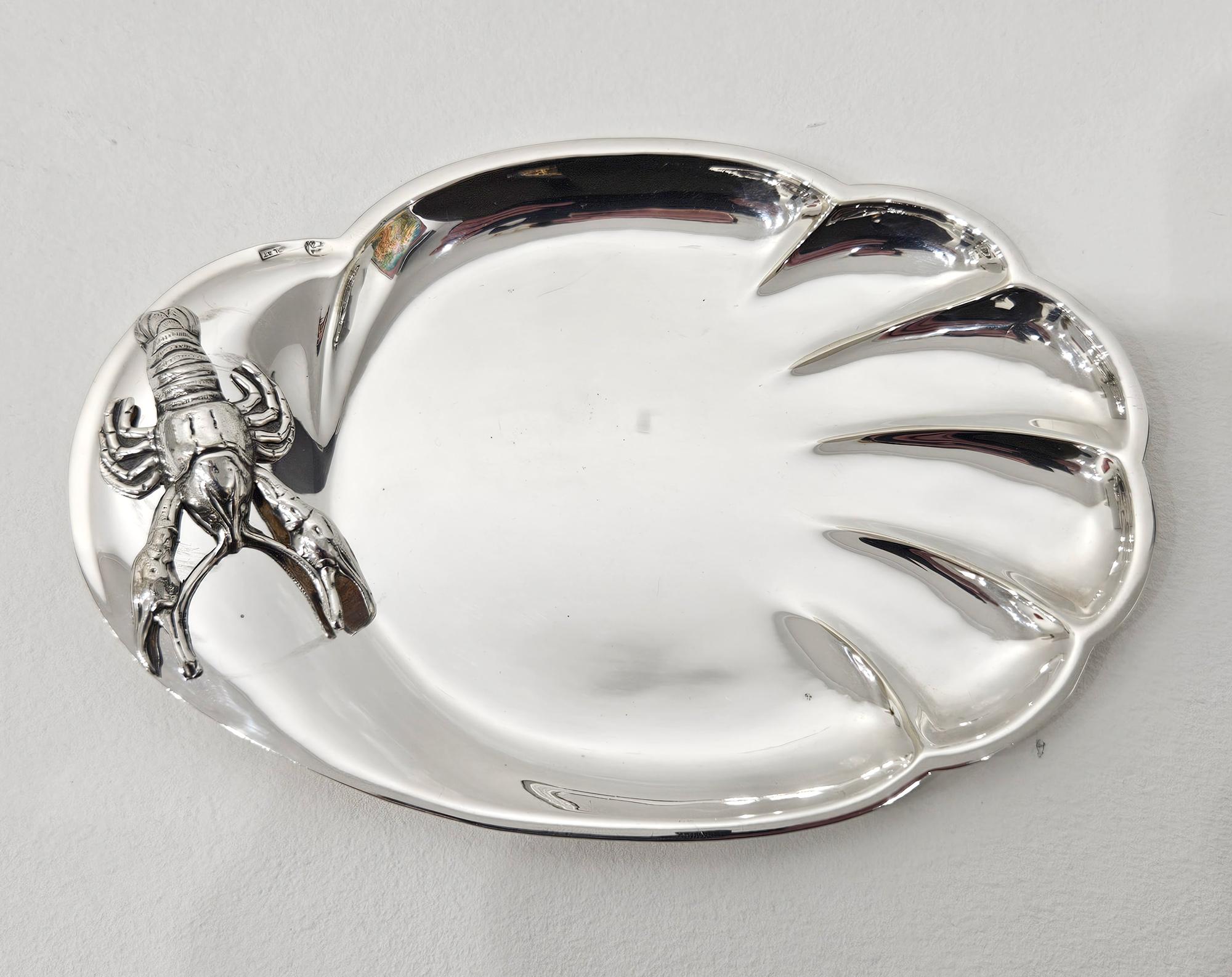 Mediados del siglo Franco Lapini Cangrejo de río Langosta Plato de plata Juego de mariscos c 1960 en venta 1
