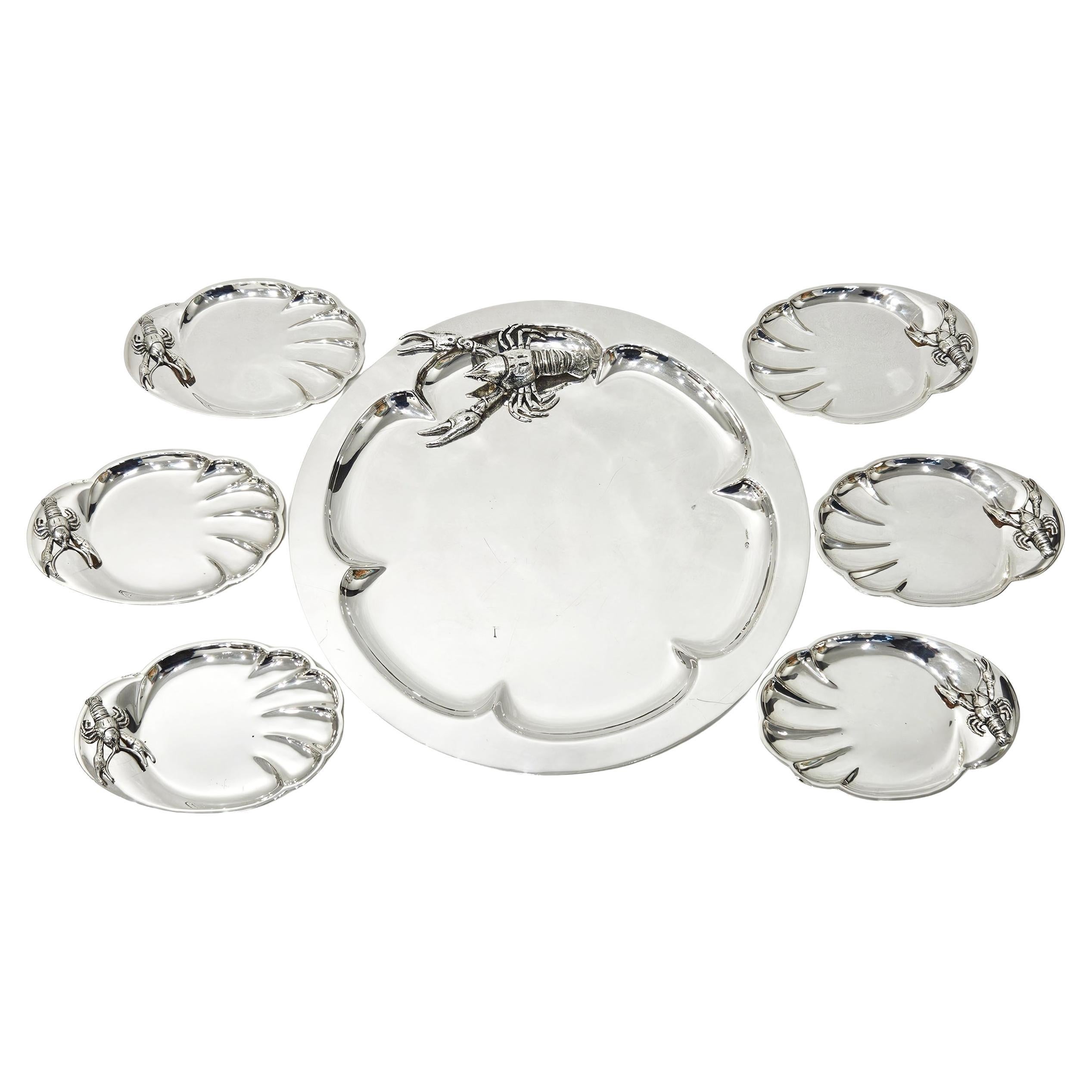 Mediados del siglo Franco Lapini Cangrejo de río Langosta Plato de plata Juego de mariscos c 1960 en venta