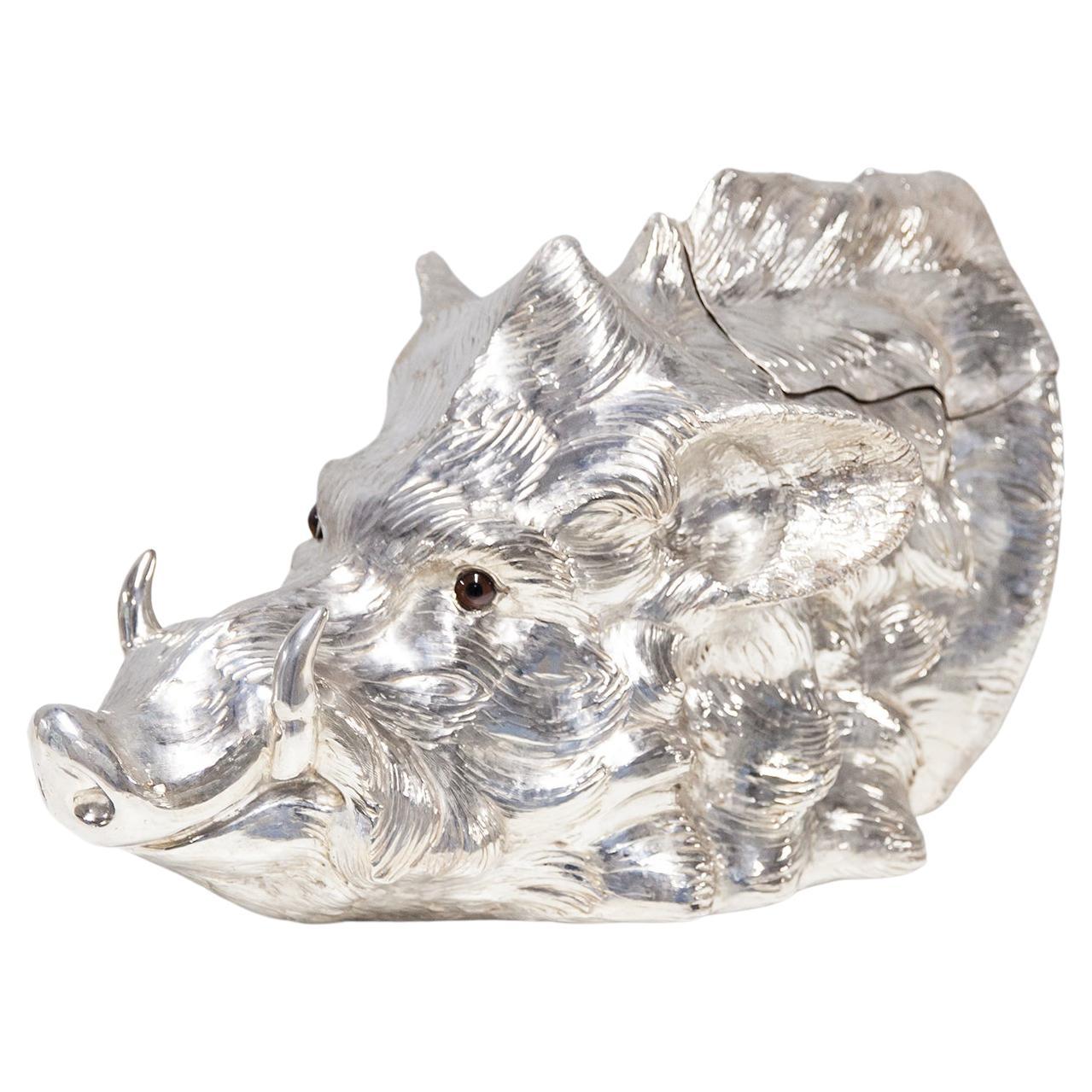 Franco Lapini Wild Boar Head Silver Plated Wine Cooler, Italy, 1970 For Sale