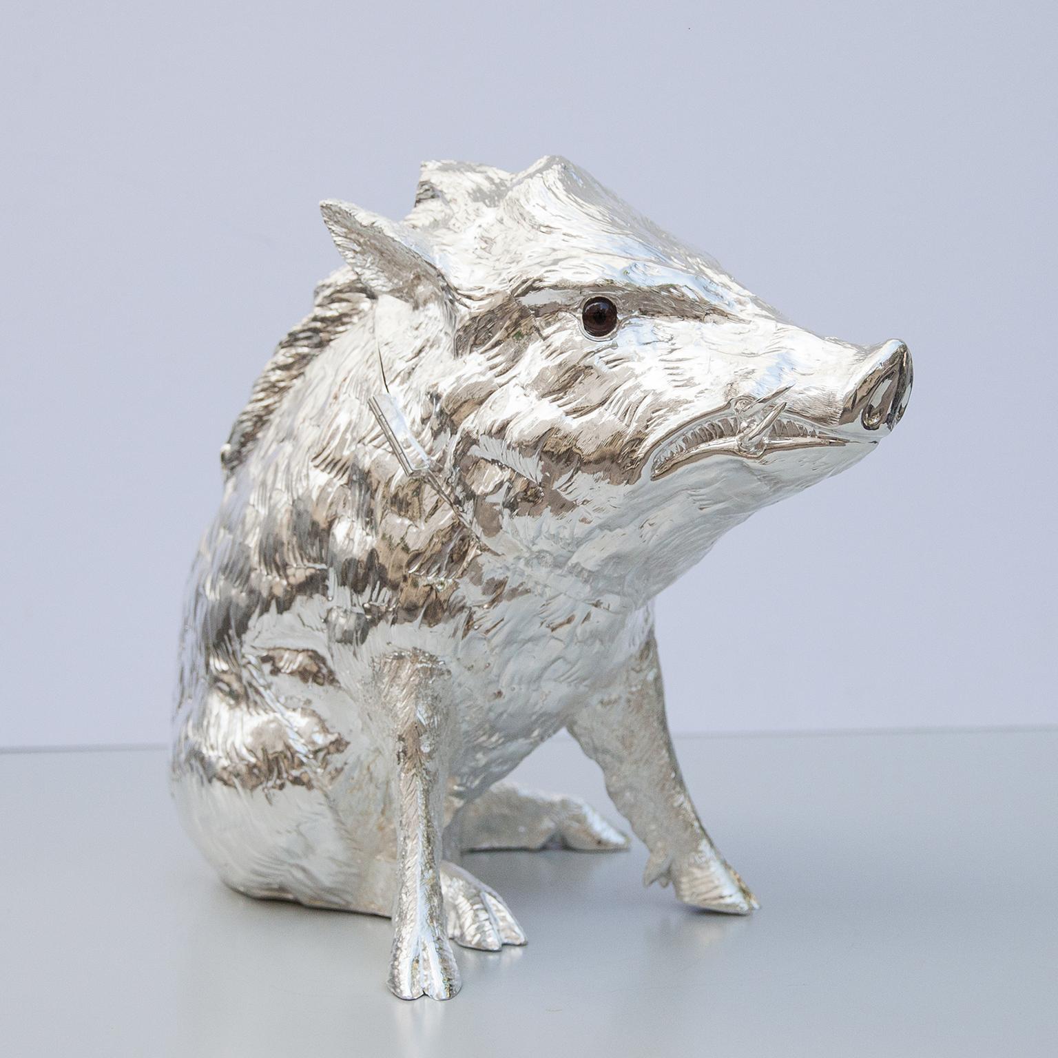 Franco Lapinis exquisite vintage wild boar sculpture wine cooler is made entirely of metal plated in silver and its surface is lightly textured to give it an organic feel, new plastic inlay inside. Either alone or combined with other pieces by the