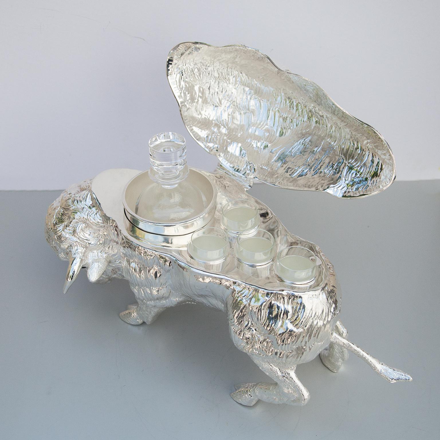 Silvered Franco Lapini Wild Bull Bison Silver Plated Liquor Bar Set, Italy, 1970 For Sale