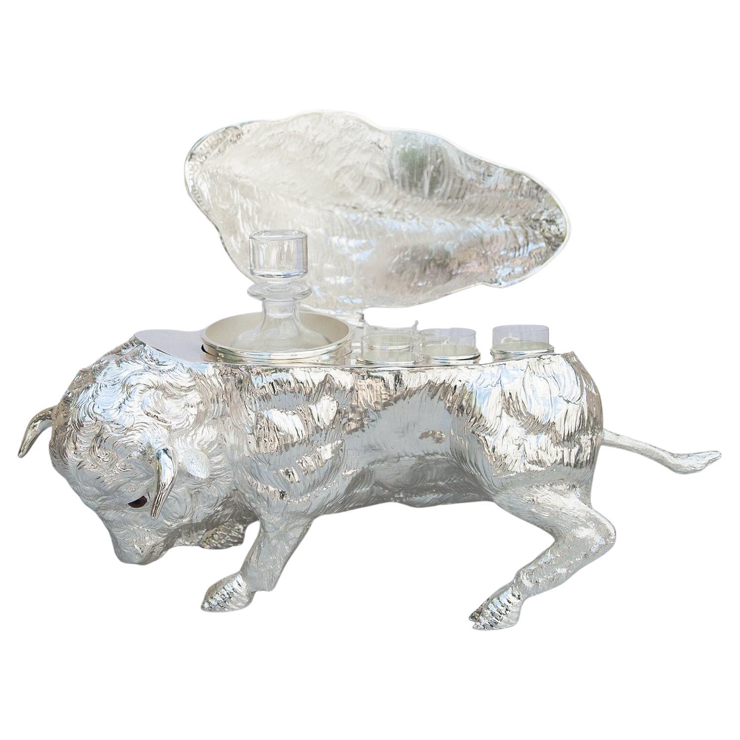 Franco Lapini Wild Bull Bison Silver Plated Liquor Bar Set, Italy, 1970 For Sale