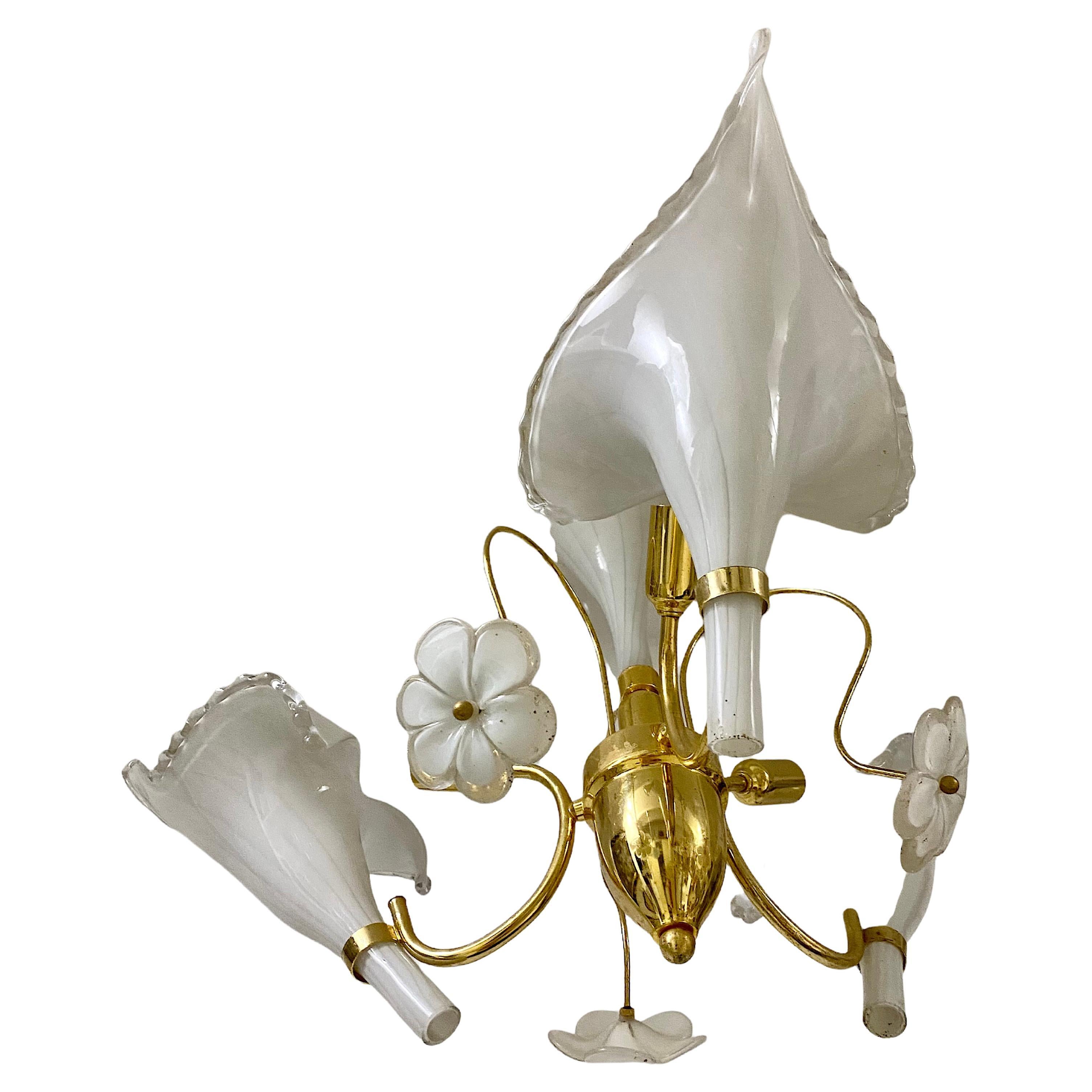 Franco Luce Chandelier Glace Murano with Large Leaves, Italy, 1980