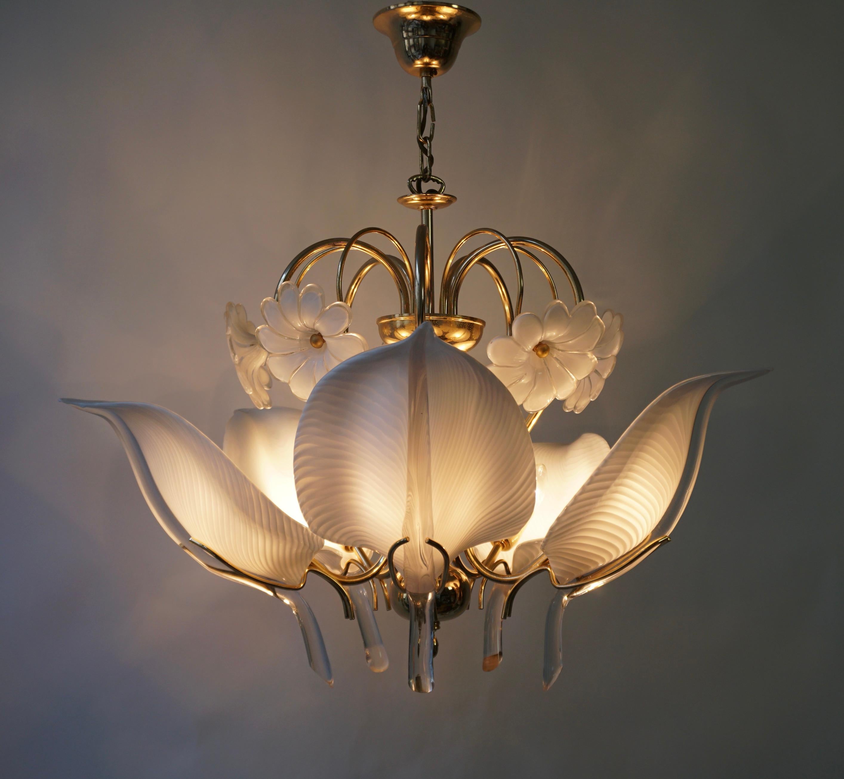 Hollywood Regency Franco Luce Chandelier in Brass and Glass Leaves and Flowers For Sale