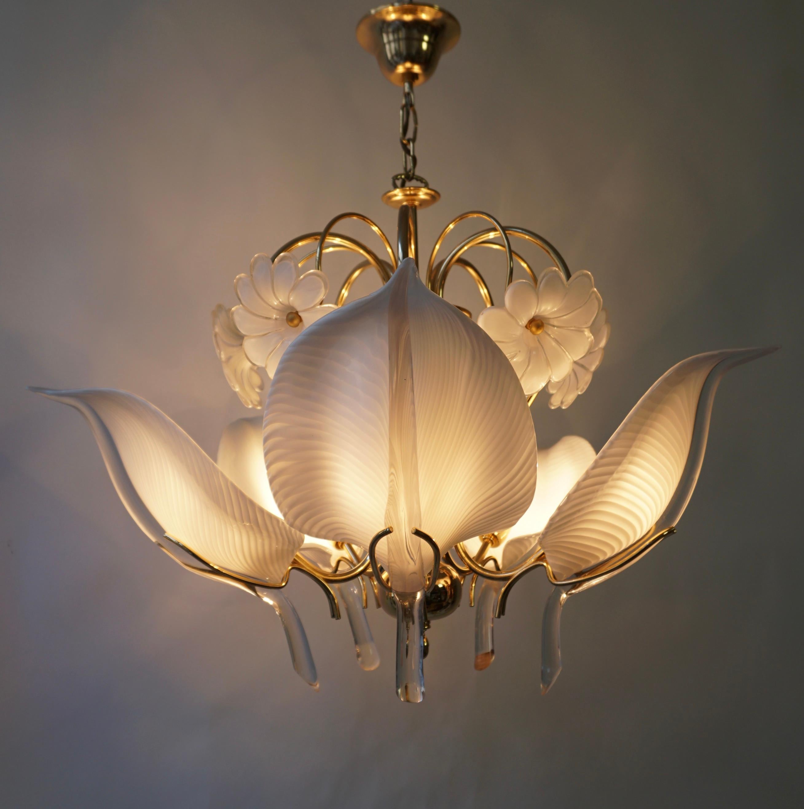 Franco Luce Chandelier in Brass and Glass Leaves and Flowers For Sale 2