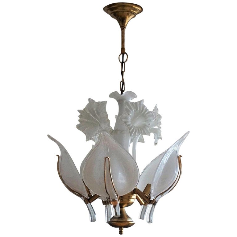 Franco Luce Hand Blown Murano Glass Leaf Flower Chandelier, Italy