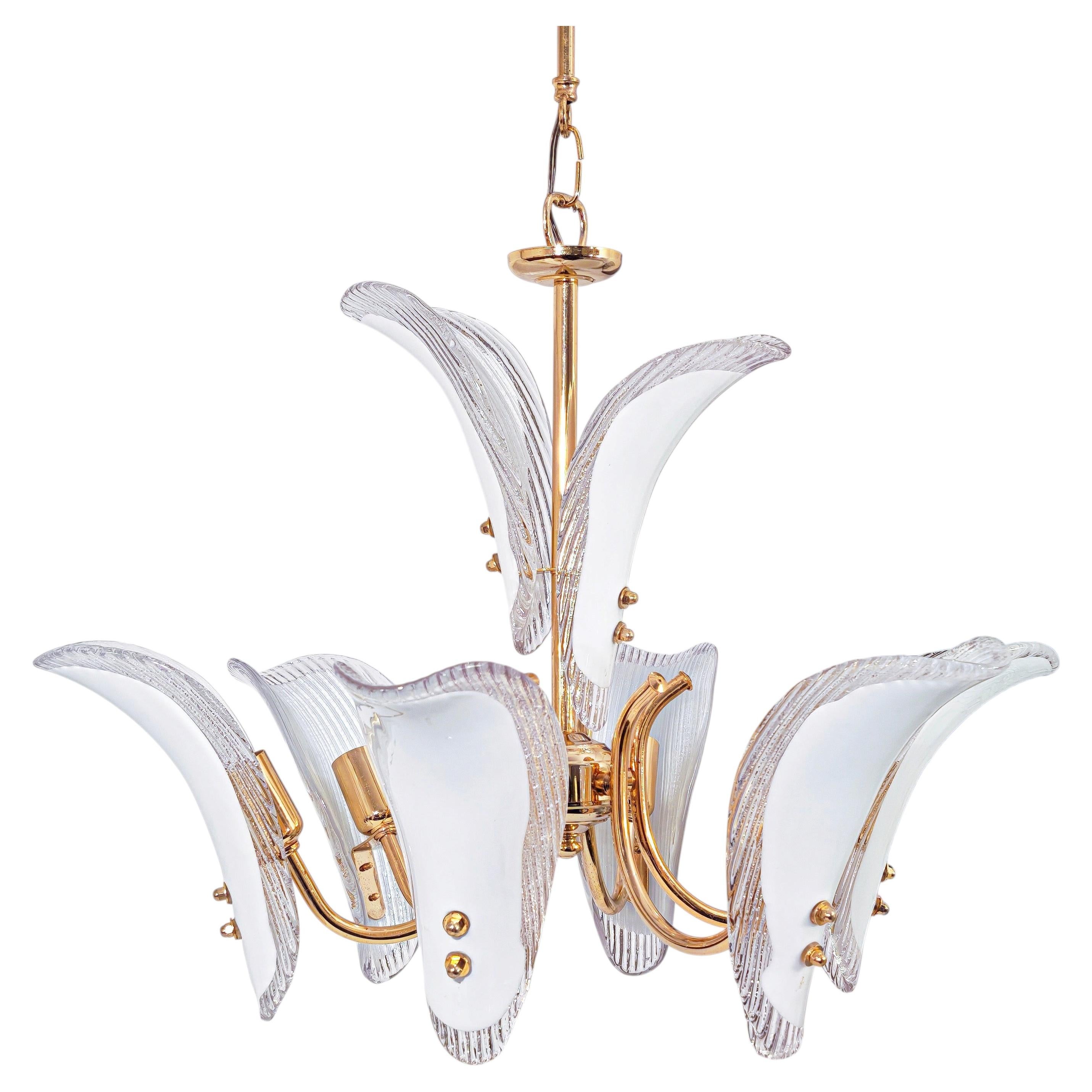 Franco Luce. Hollywood Regency Murano glass leaves chandelier, Italy, 1960s For Sale