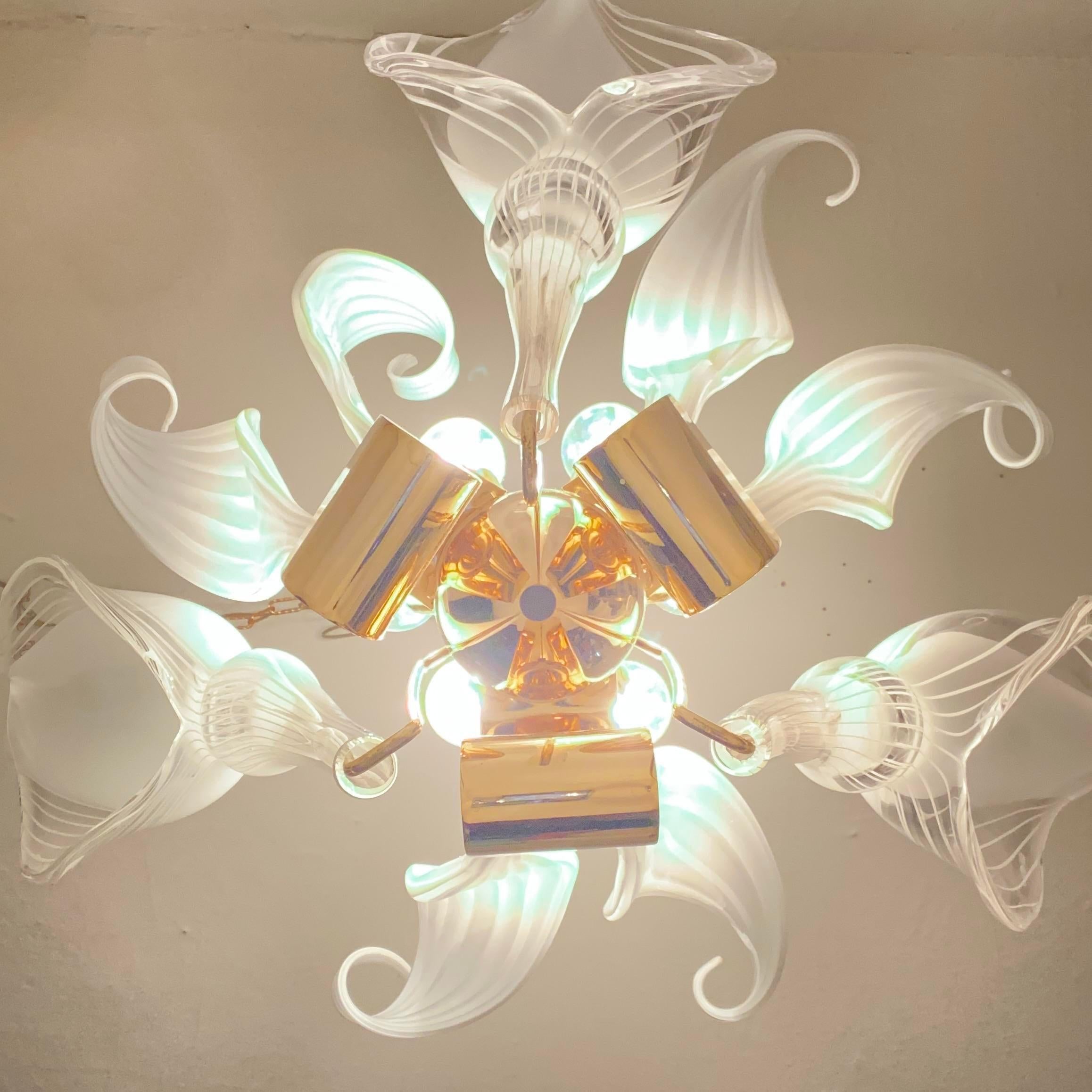 Hollywood Regency Franco Luce Murano Glass Calla Lilly and Ribbon Brass Chandelier For Sale