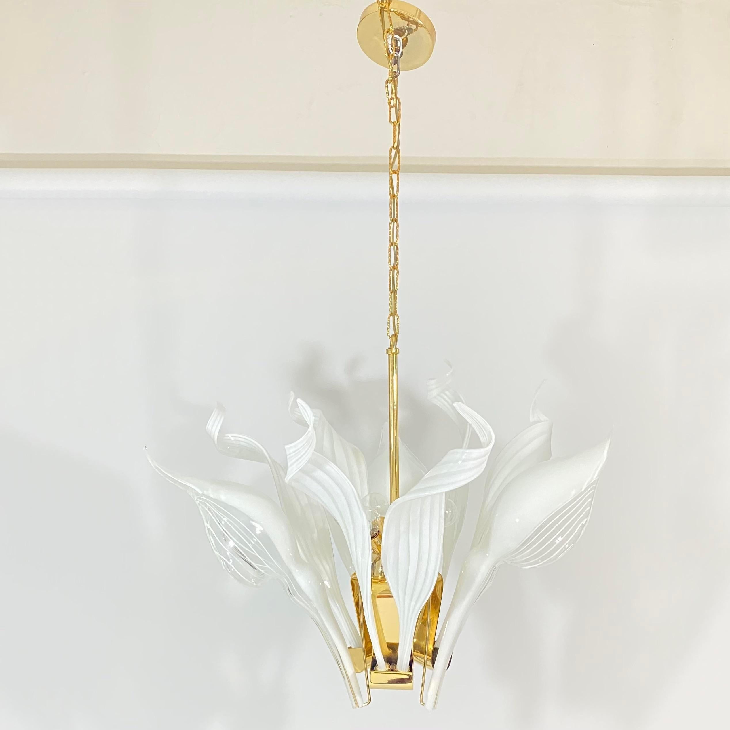 North American Franco Luce Murano Glass Calla Lilly and Ribbon Brass Chandelier For Sale