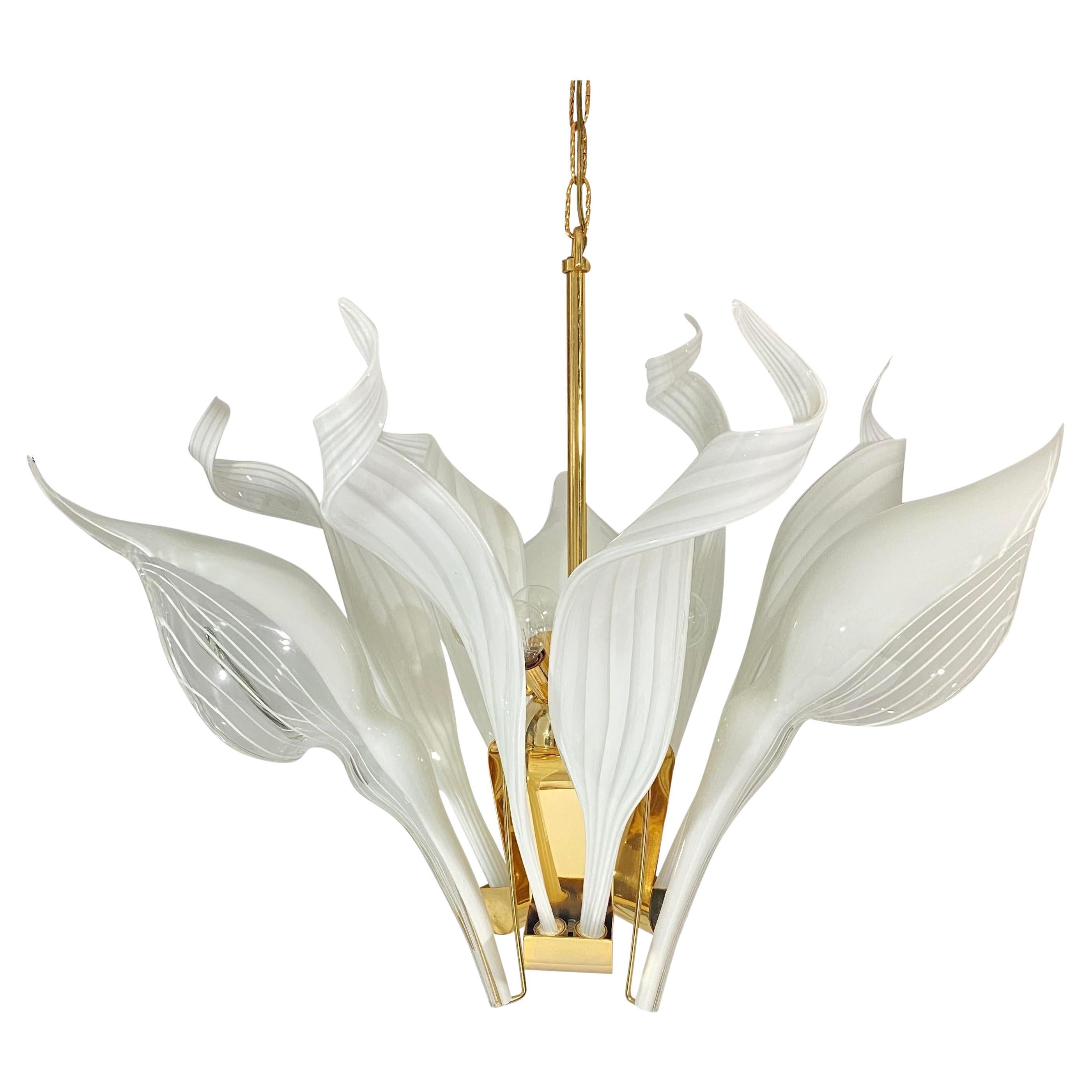 Franco Luce Murano Glass Calla Lilly and Ribbon Brass Chandelier For Sale