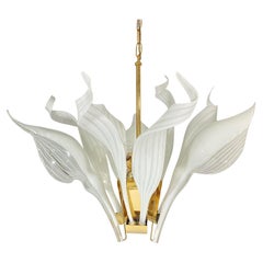 Vintage Franco Luce Murano Glass Calla Lilly and Ribbon Brass Chandelier